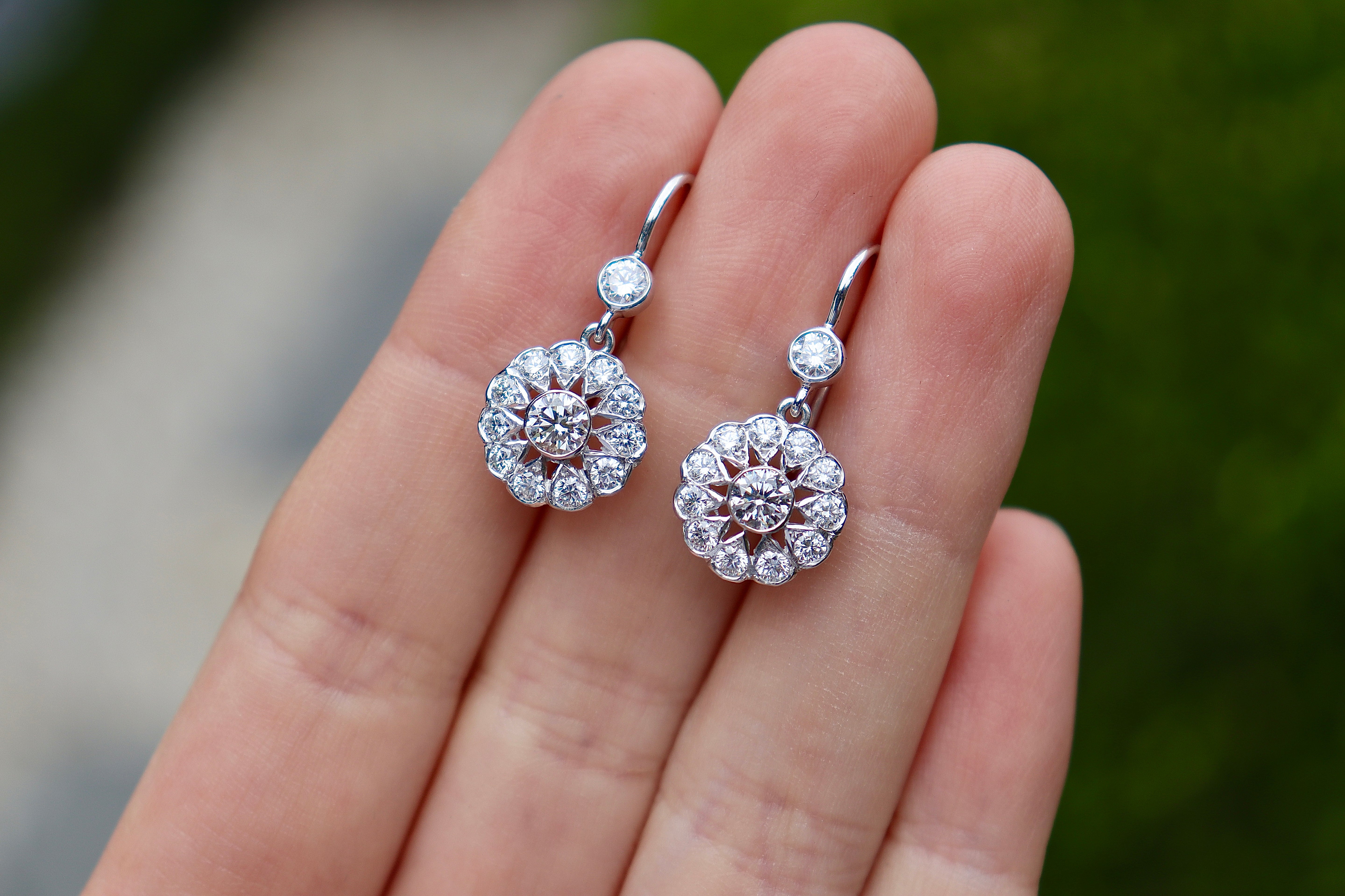 18ct White Gold Diamond Drop Deco Style Earrings