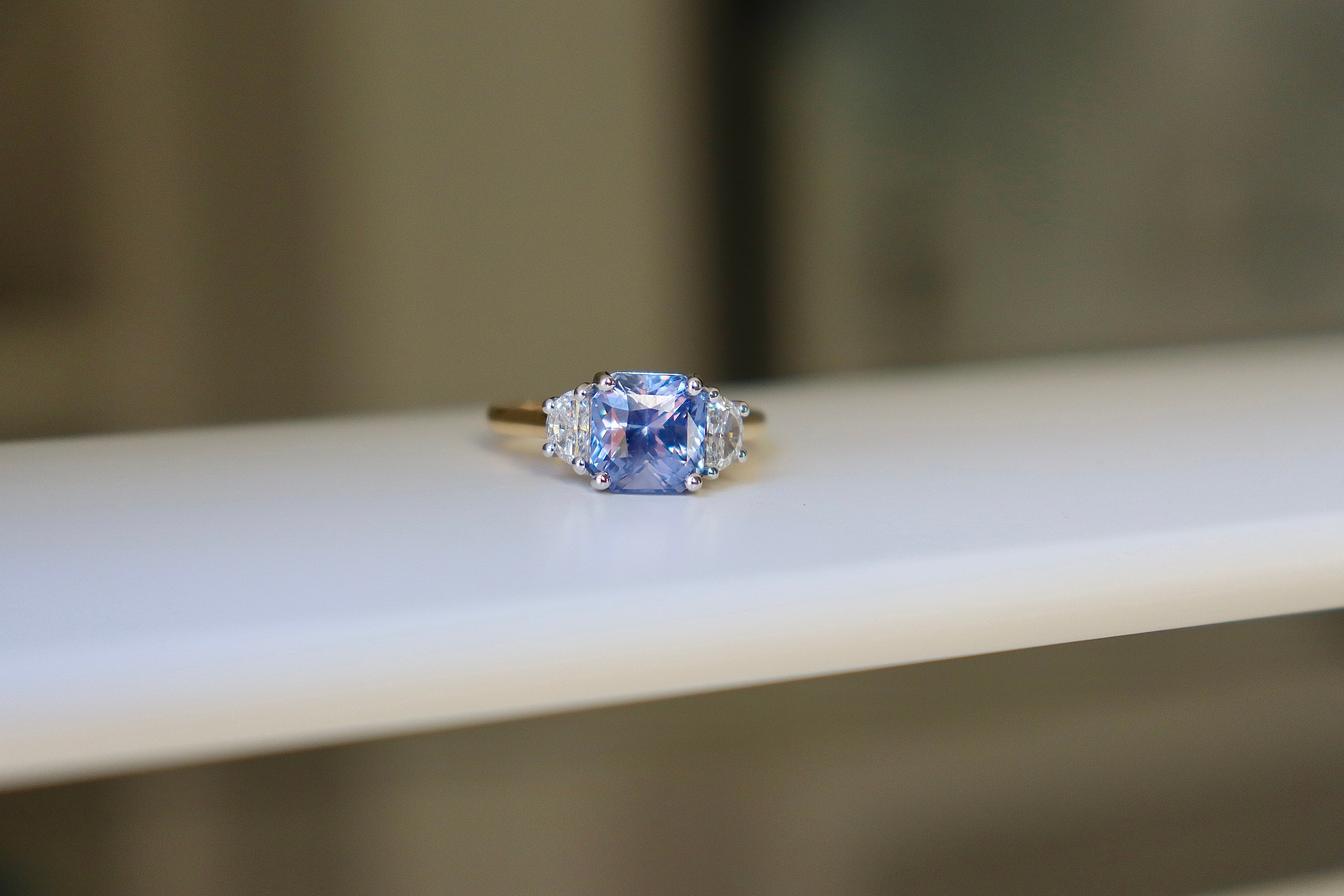 18ct Yellow and White Gold Colour Change Violet - Blue Sapphire and Half Moon Diamond 3 Stone Ring