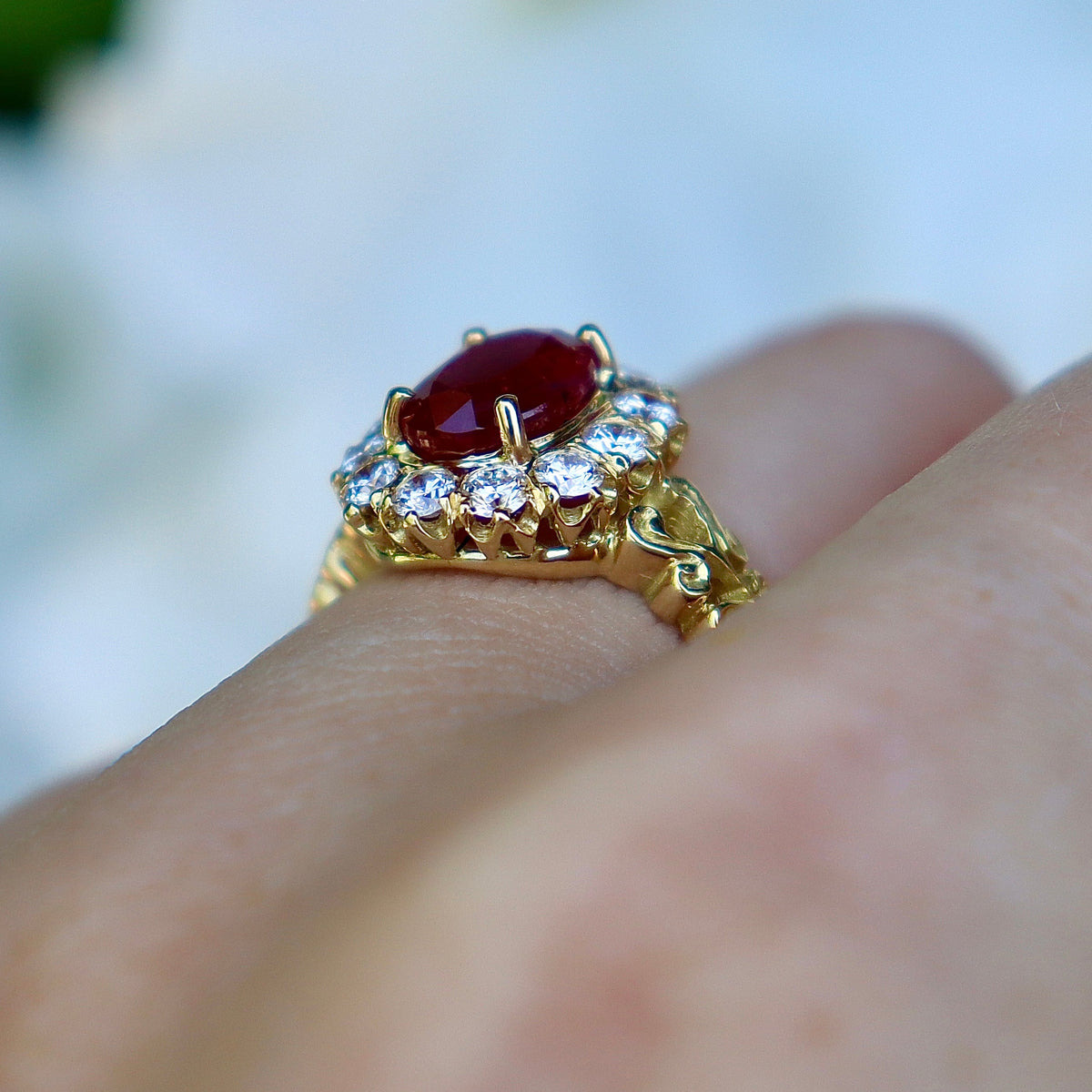 18ct Yellow Gold Antique Style Ruby and Diamond Halo Cluster Ring