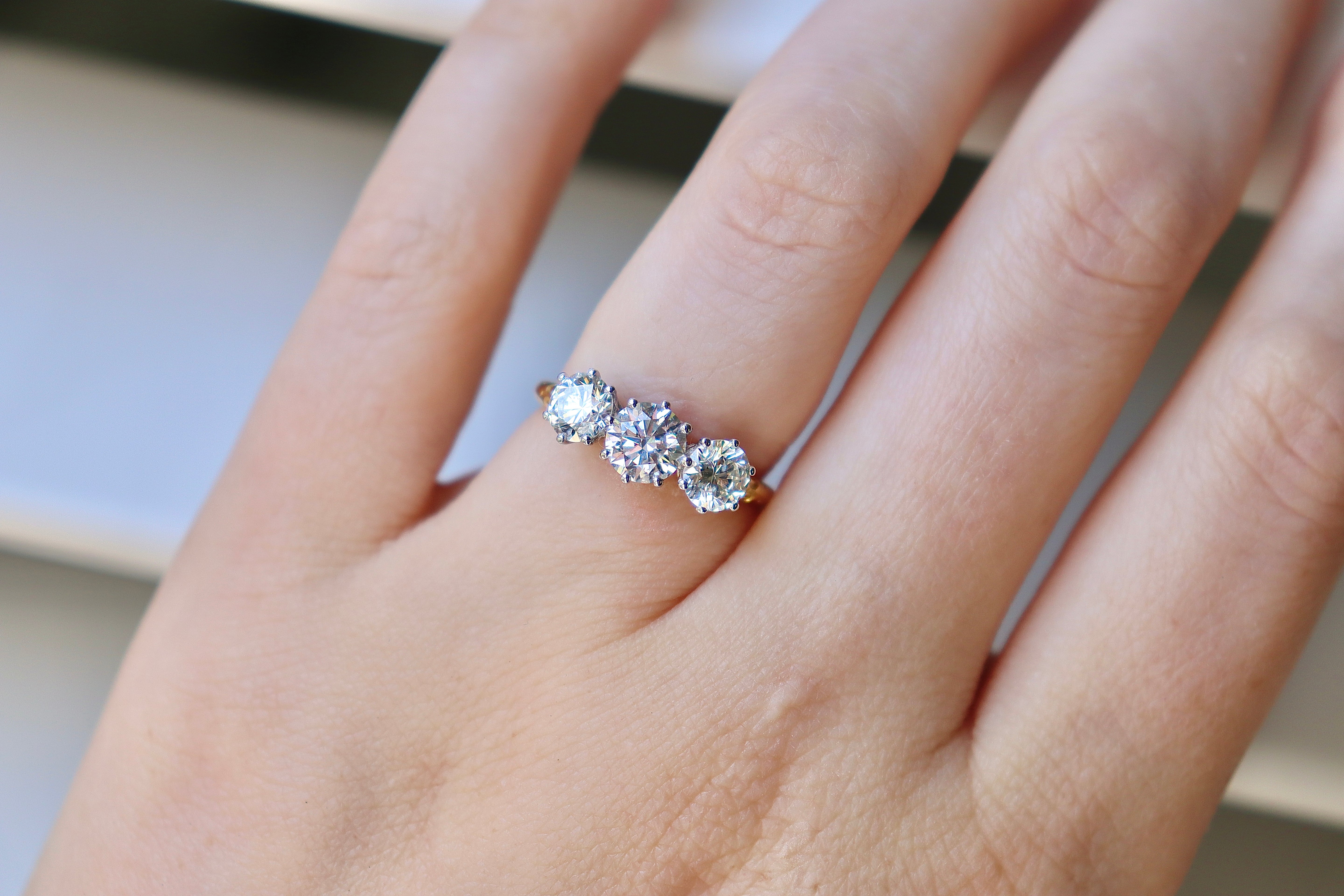 18ct Yellow and White Gold 3 Stone Ring With Etched Shoulders