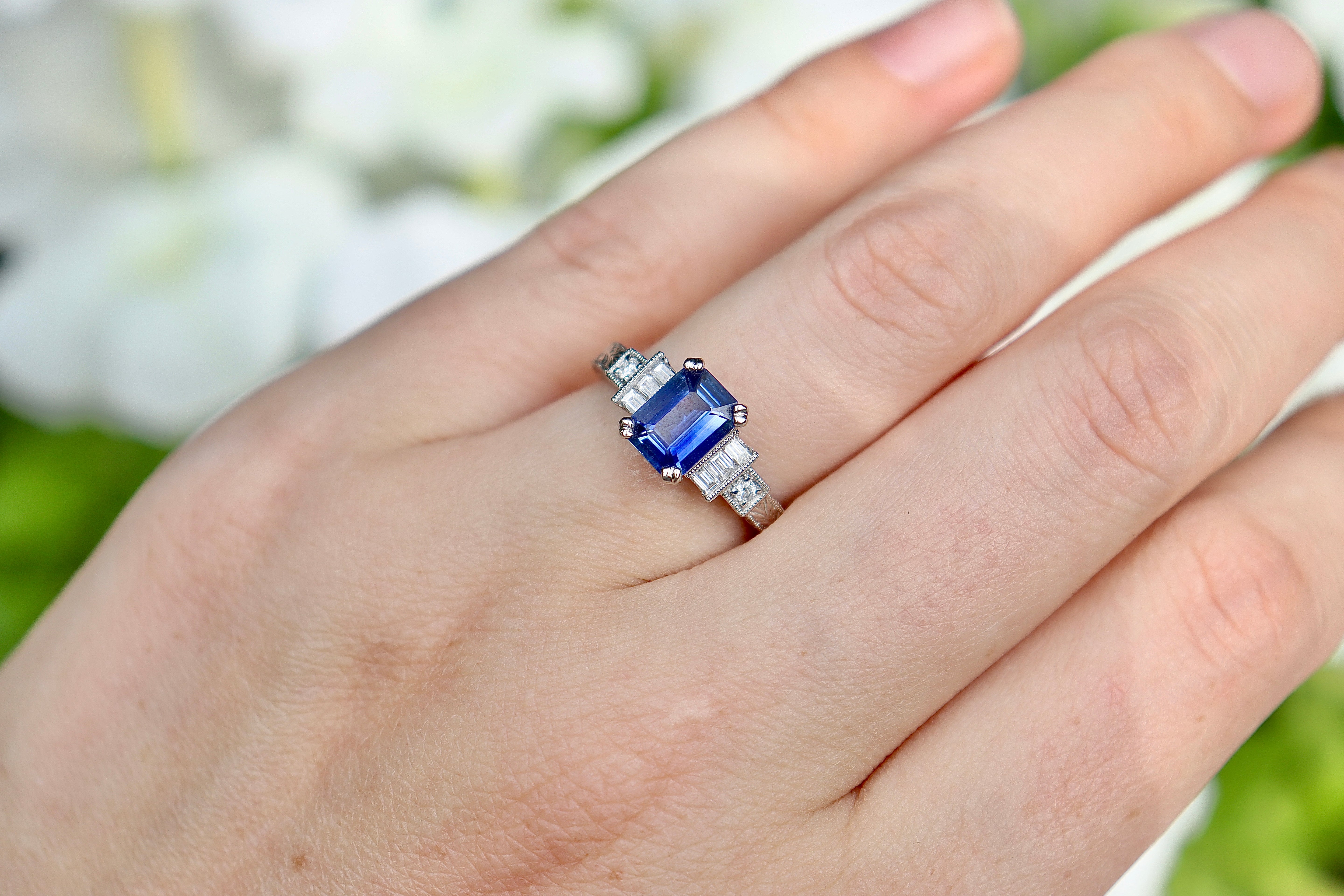 Platinum Sapphire and Diamond Art Deco Style Engraved Band Ring