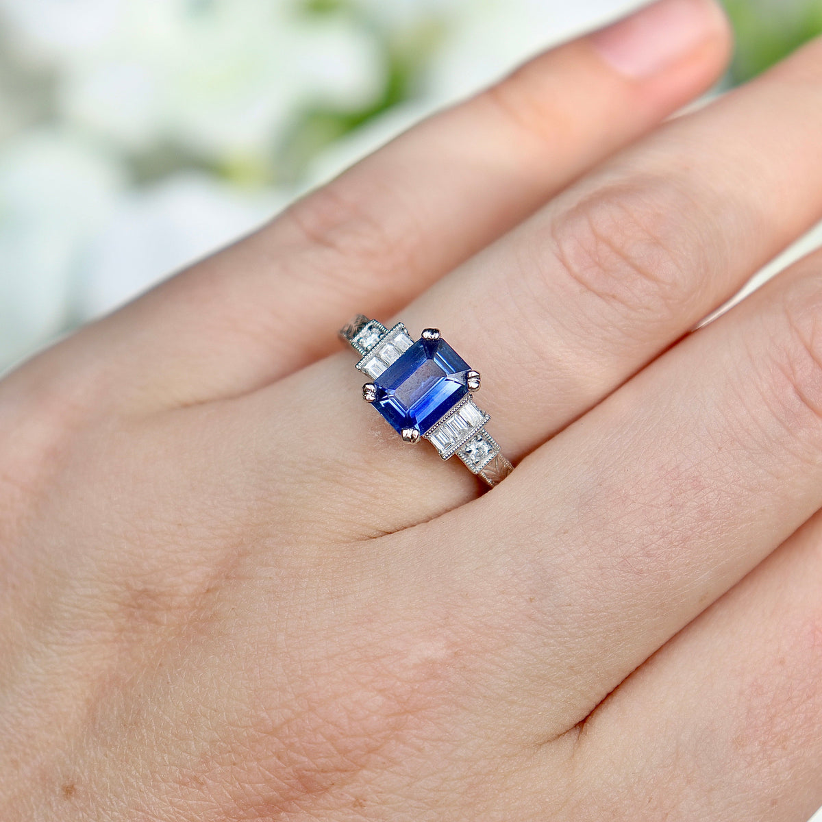 Platinum Sapphire and Diamond Art Deco Style Engraved Band Ring