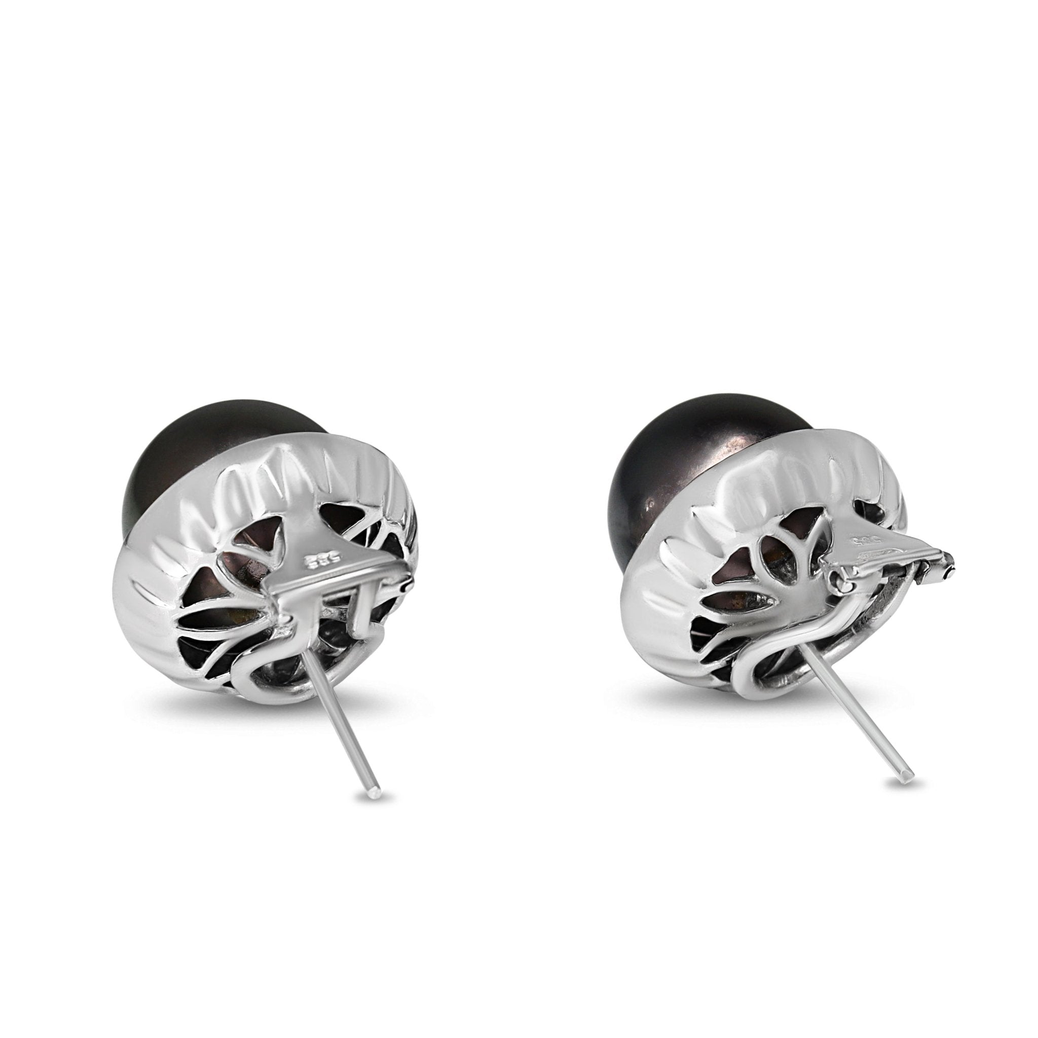 14ct White Gold 12mm Tahitian Pearl and Diamond Halo Earrings - Burlington Jewellery