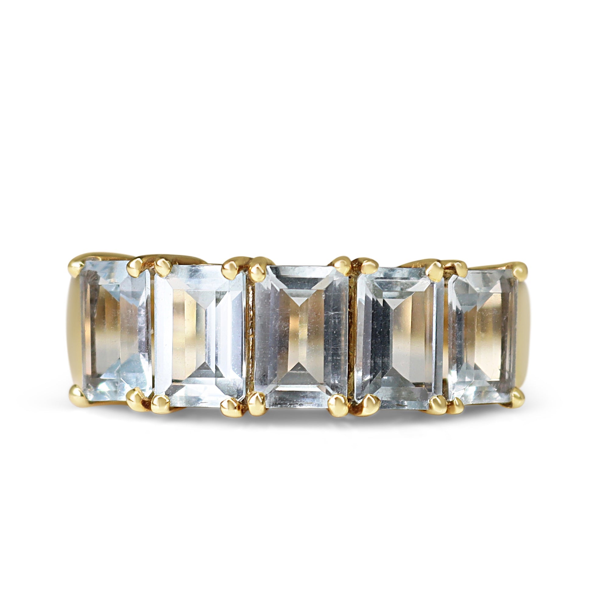 14ct Yellow Gold Emerald Cut Aquamarine 5 Stone Ring - Burlington Jewellery