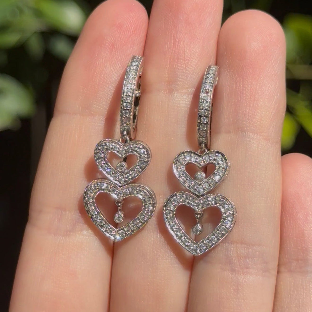 18ct White Gold Diamond Heart Drop Earrings