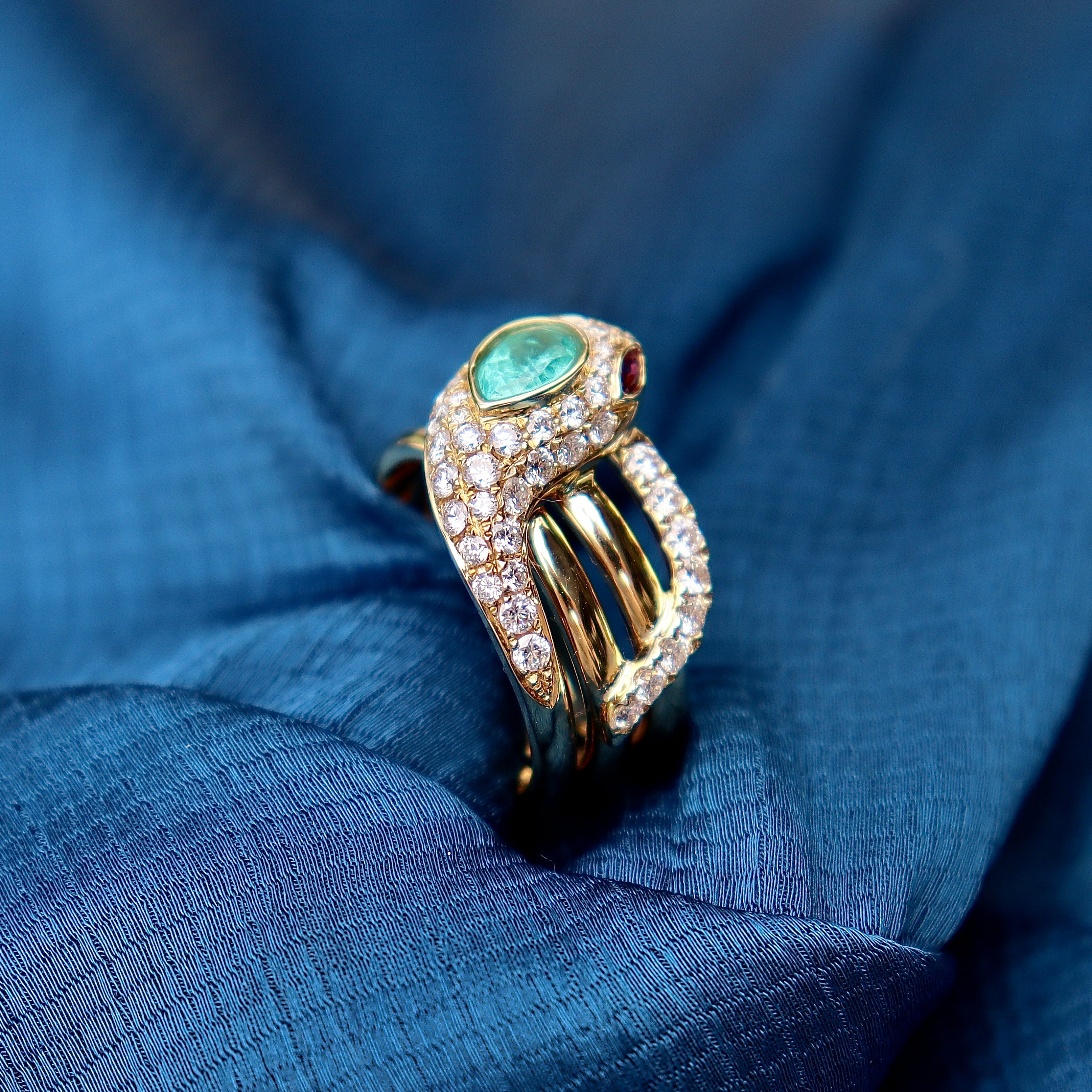 18ct Yellow Gold Emerald, Ruby and Diamond Snake / Serpent Ring