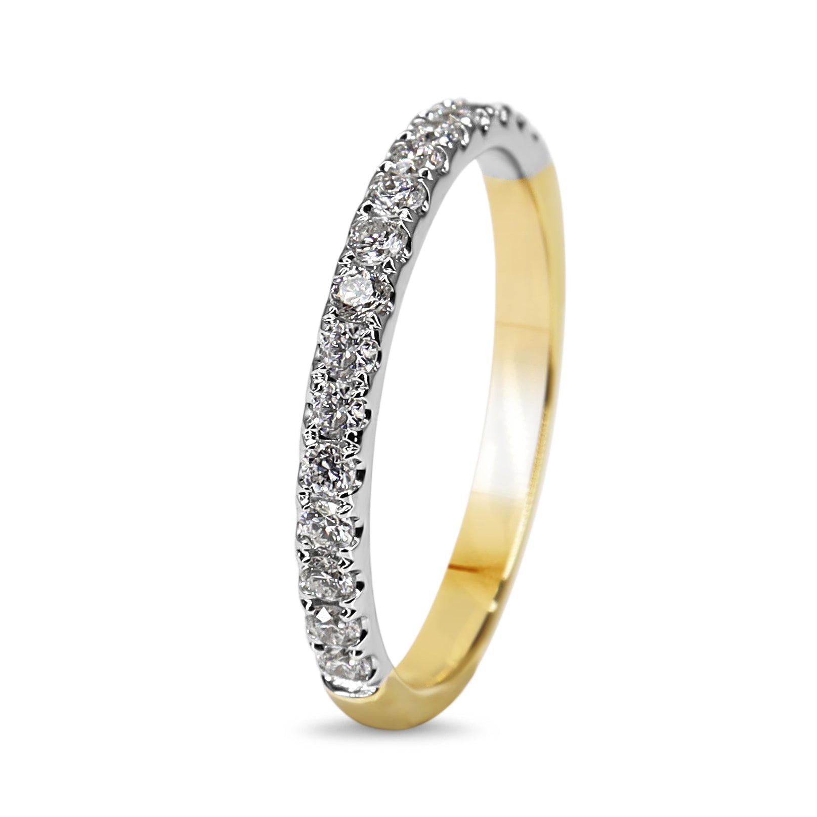 Angled view of 18ct yellow and white gold diamond band showing the diamond-set white gold front and yellow gold band