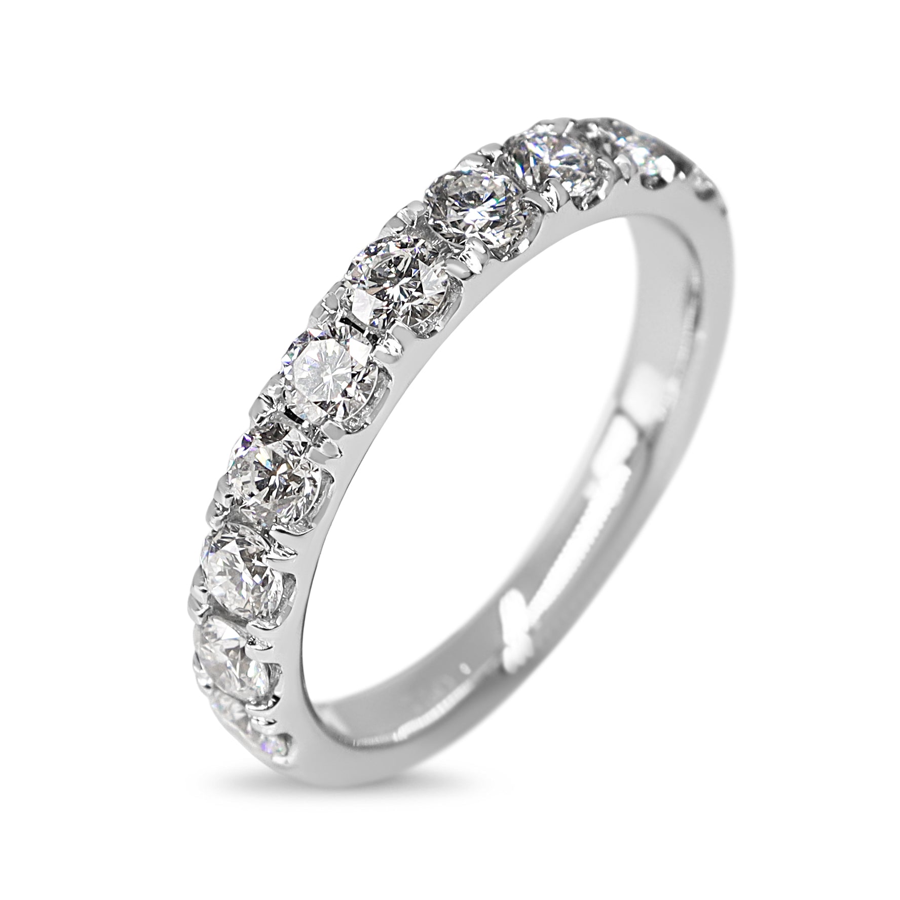 Angled view of 18ct white gold 0.90ct diamond half hoop band showing the row of diamonds across the front