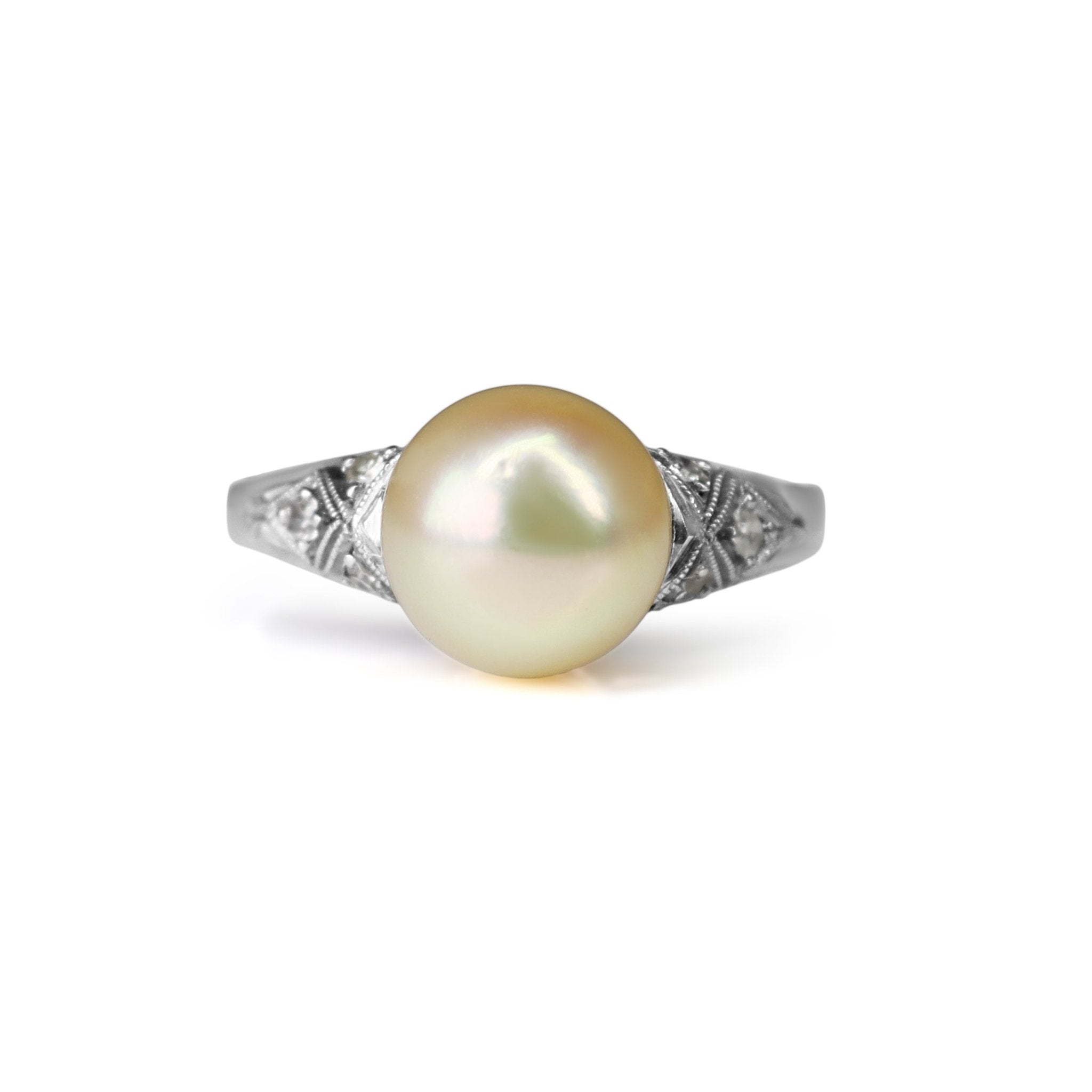 18ct White Gold Art Deco Sea Pearl and Old Cut Diamond Ring - Burlington Jewellery