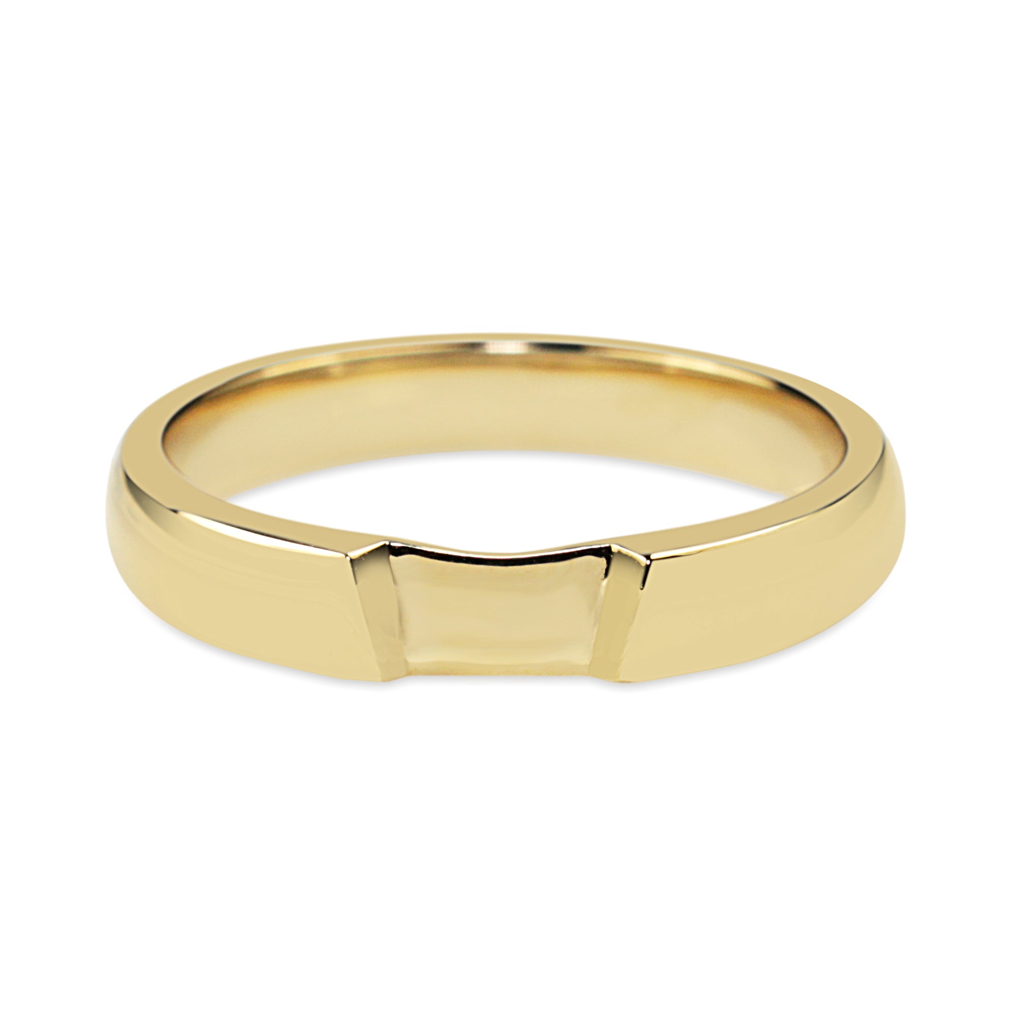 Front view of 18ct white gold fitted wedding band with cut out