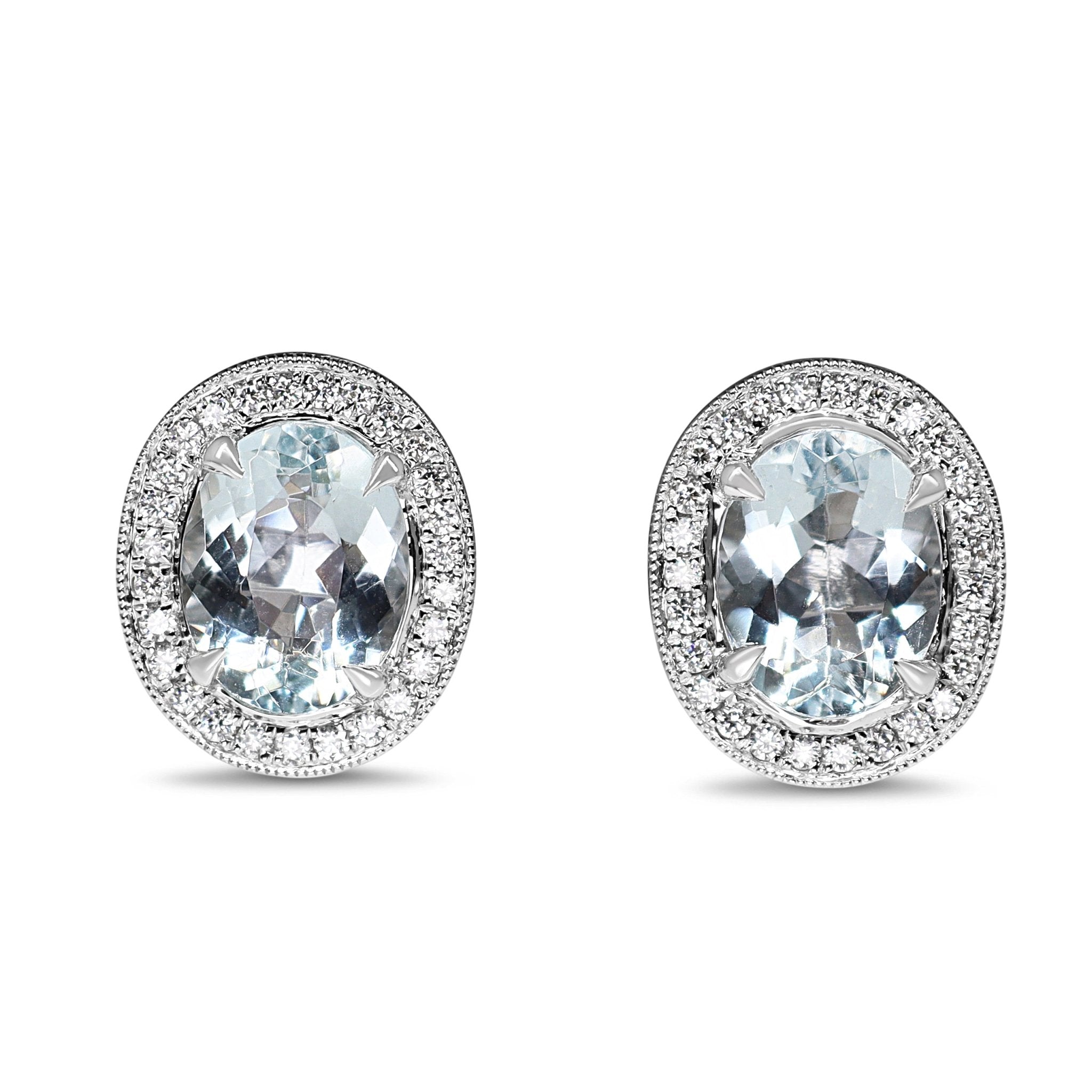 18ct White Gold Oval Aquamarine and Diamond Halo Stud Earrings - Burlington Jewellery
