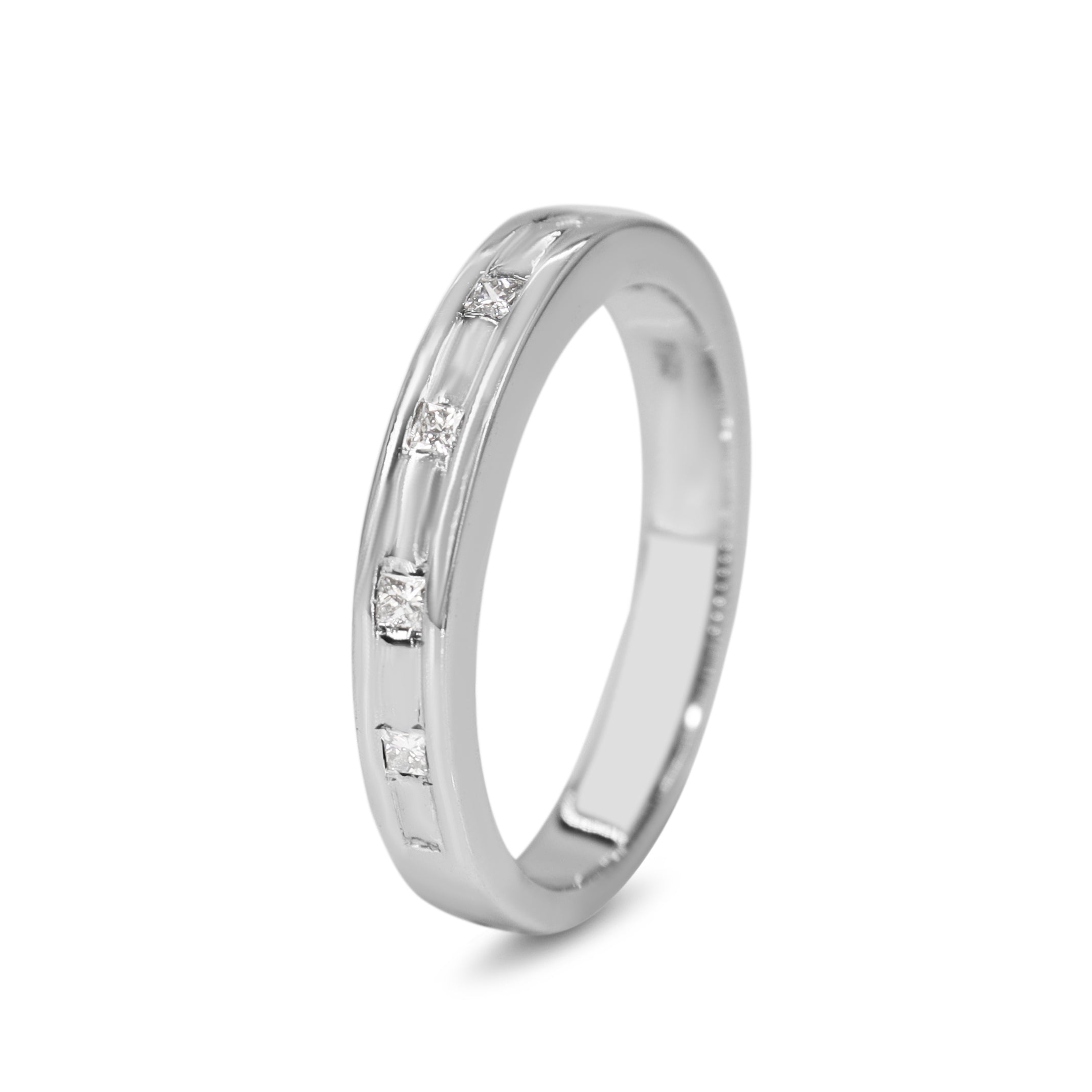 Front view of 18ct white gold princess cut diamond wedding band