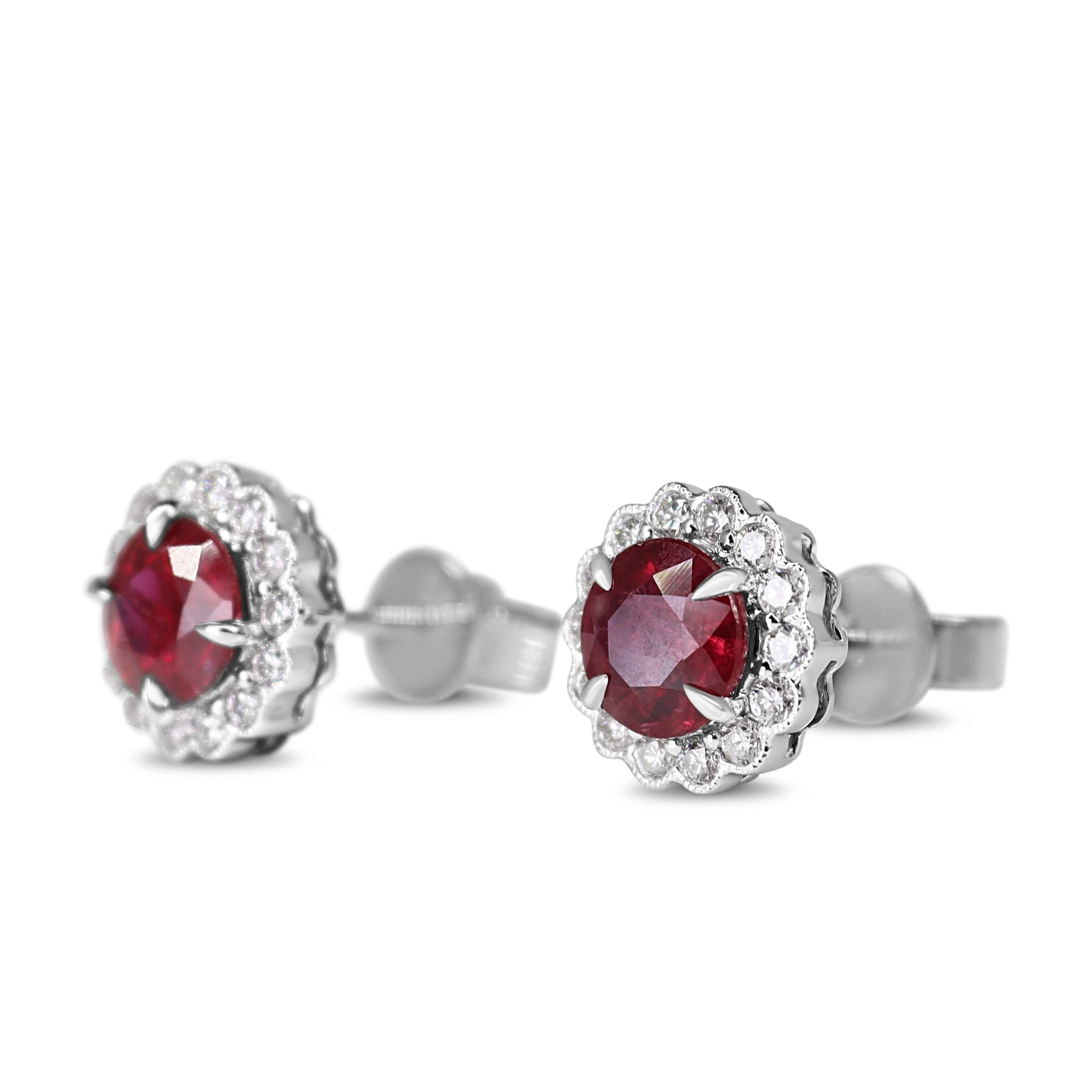 18ct White Gold Ruby and Diamond Daisy Stud Earrings - Burlington Jewellery