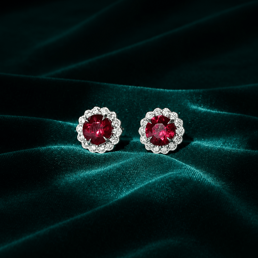 18ct White Gold Ruby and Diamond Daisy Stud Earrings - Burlington Jewellery