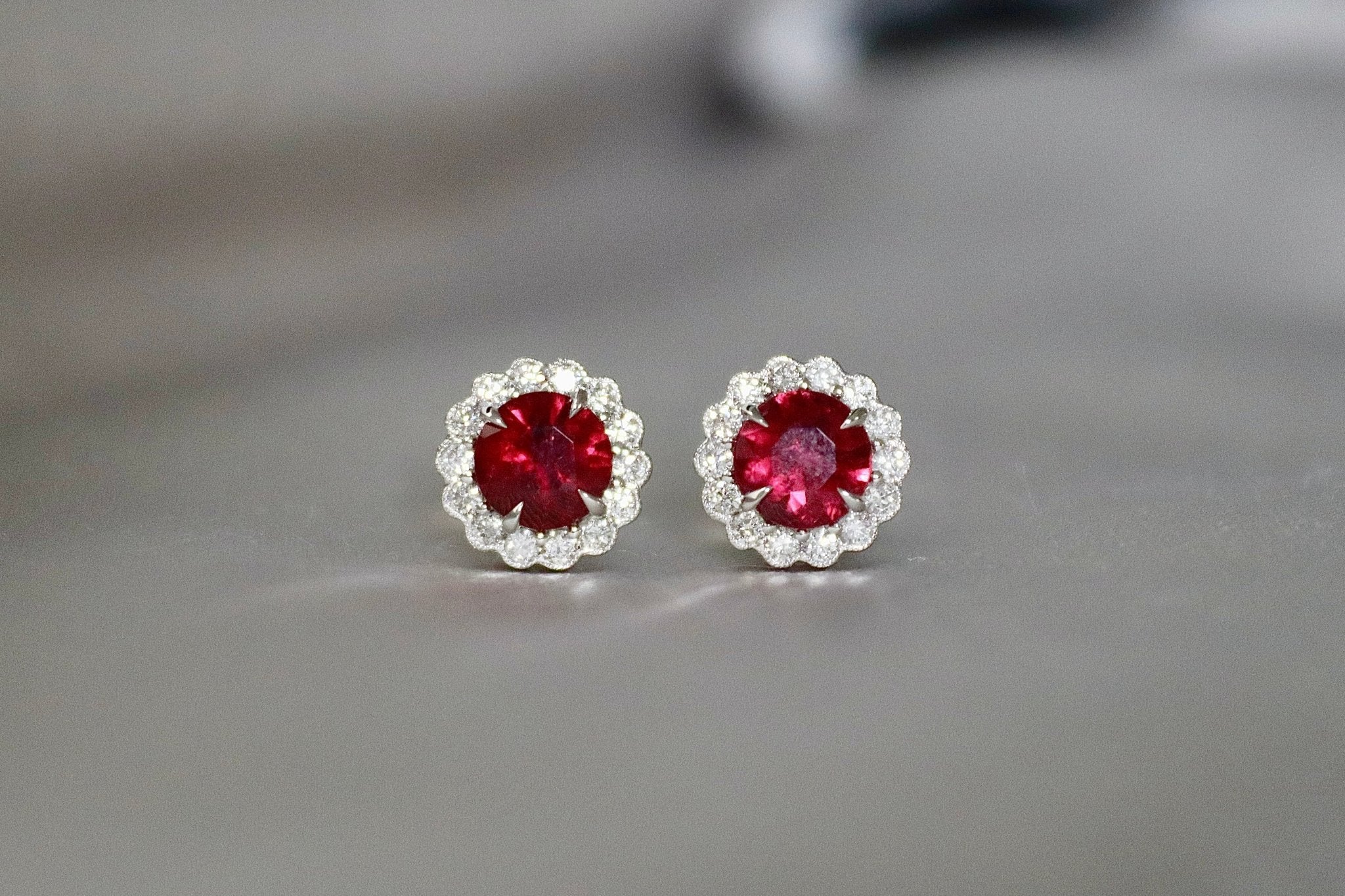 18ct White Gold Ruby and Diamond Daisy Stud Earrings - Burlington Jewellery
