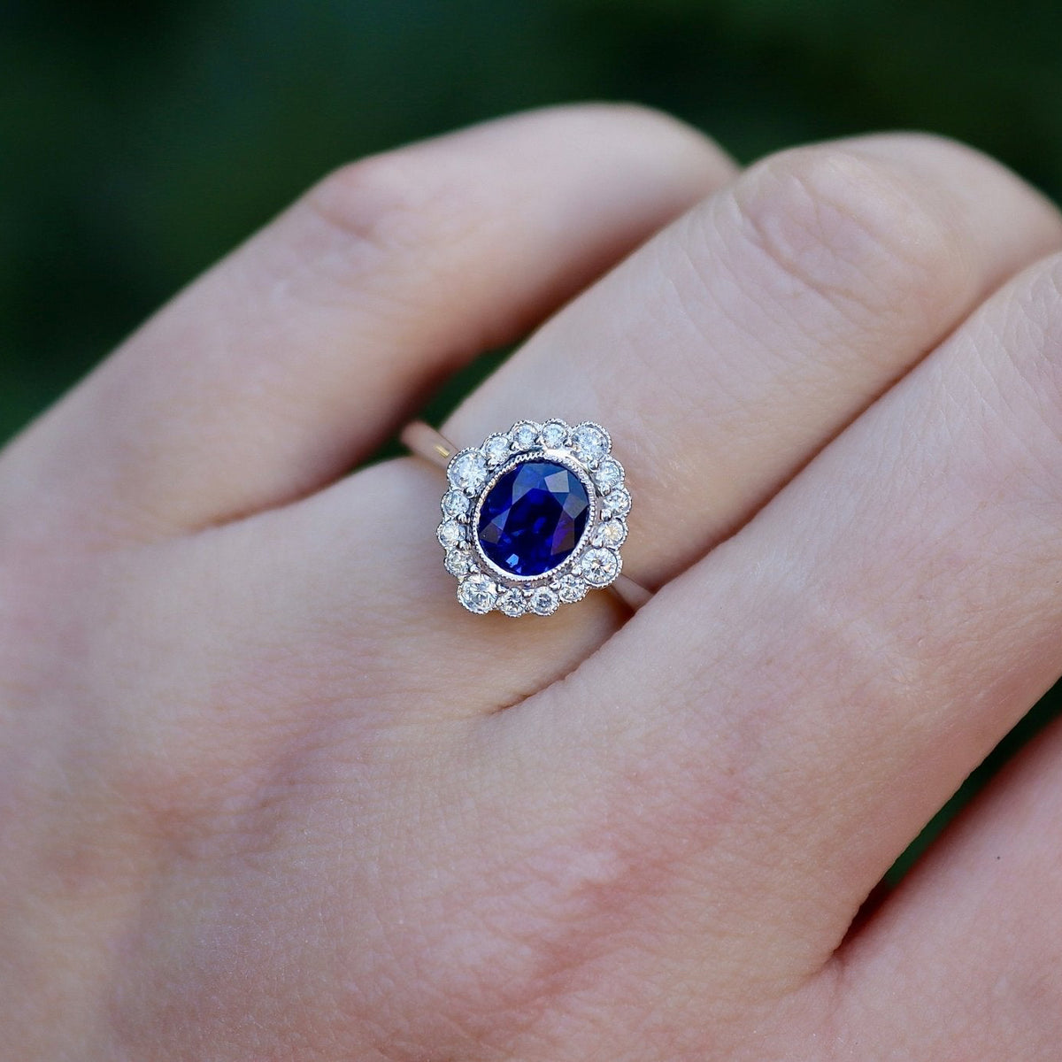 18ct White Gold Sapphire and Diamond Daisy Style Halo Ring - Burlington Jewellery