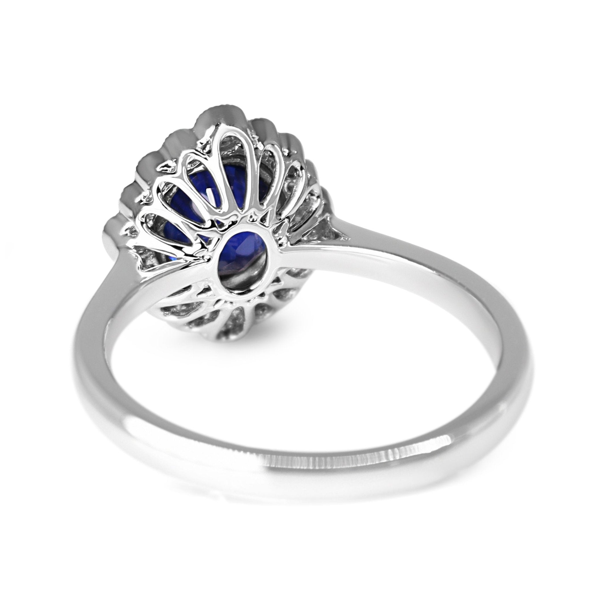 18ct White Gold Sapphire and Diamond Daisy Style Halo Ring - Burlington Jewellery