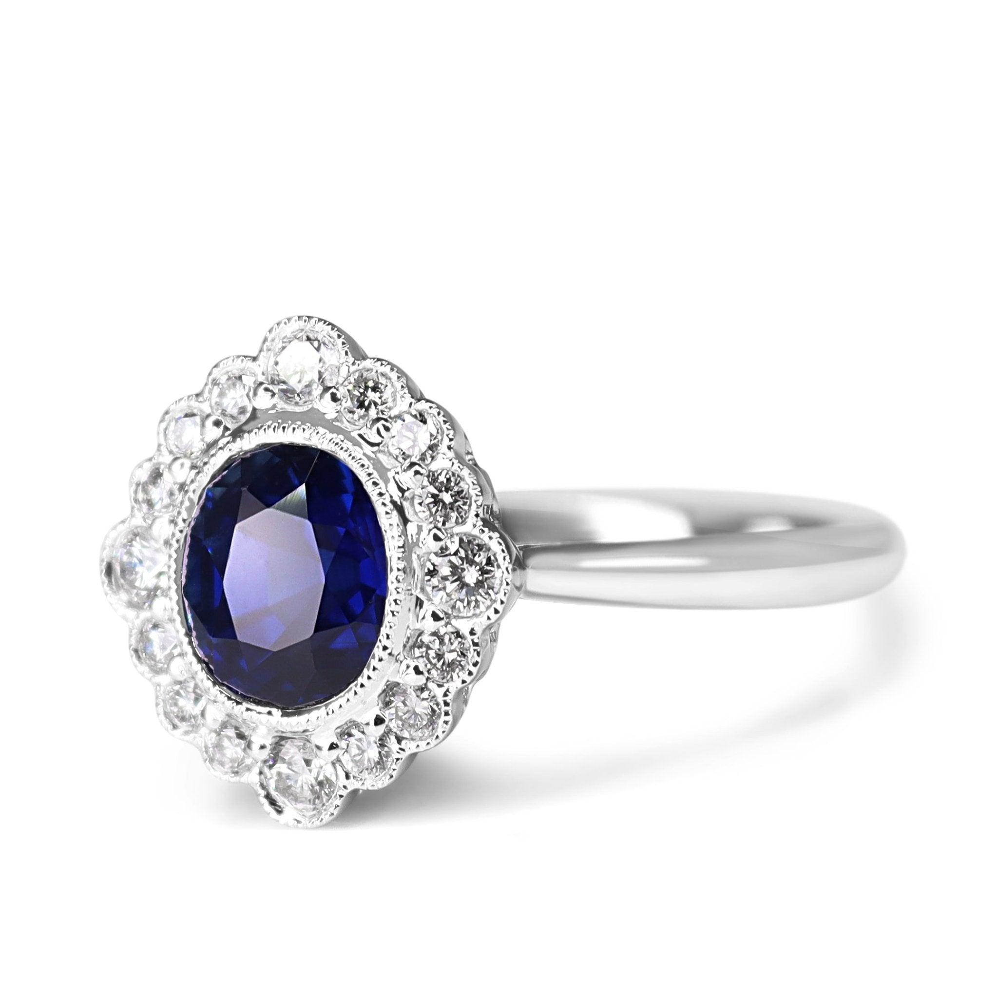 18ct White Gold Sapphire and Diamond Daisy Style Halo Ring - Burlington Jewellery