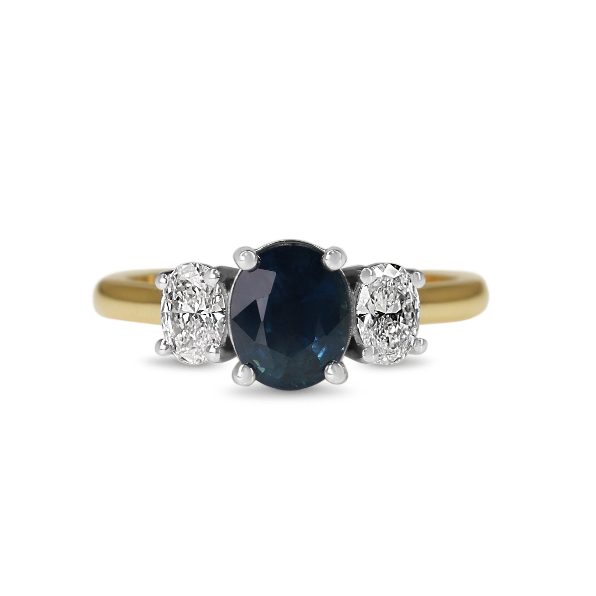 18ct Yellow and White Gold Oval Sapphire and Diamond 3 Stone Ring - Burlington Jewellery