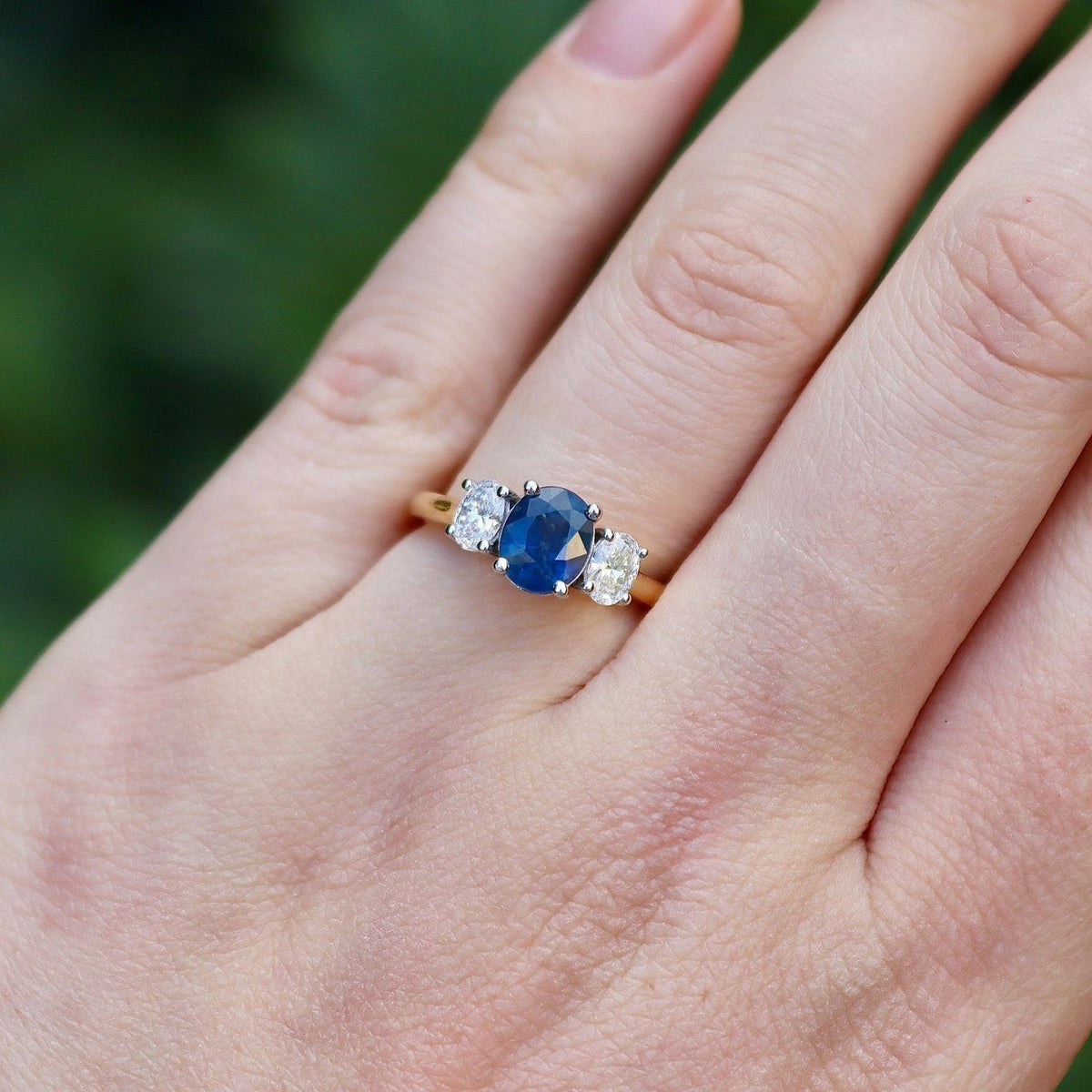 18ct Yellow and White Gold Oval Sapphire and Diamond 3 Stone Ring - Burlington Jewellery