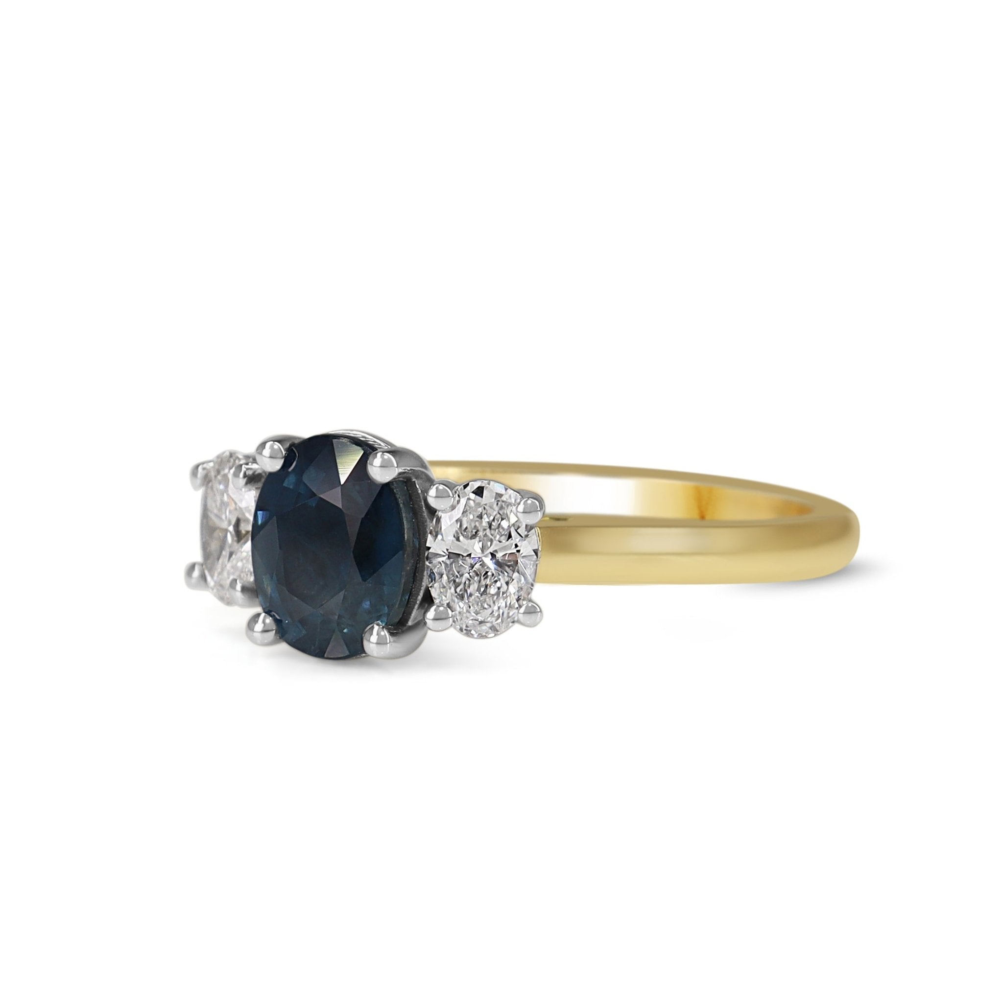 18ct Yellow and White Gold Oval Sapphire and Diamond 3 Stone Ring - Burlington Jewellery