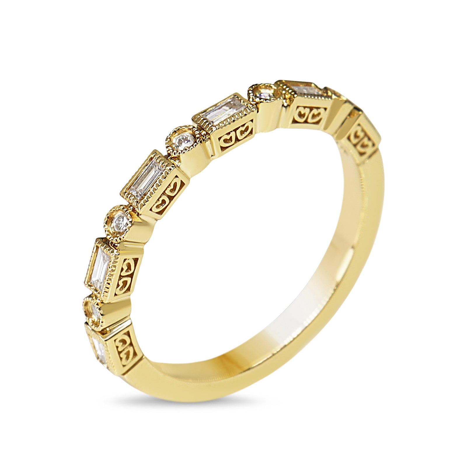 Angled detail of 18ct yellow gold Deco style diamond band showing the decorative diamond settings