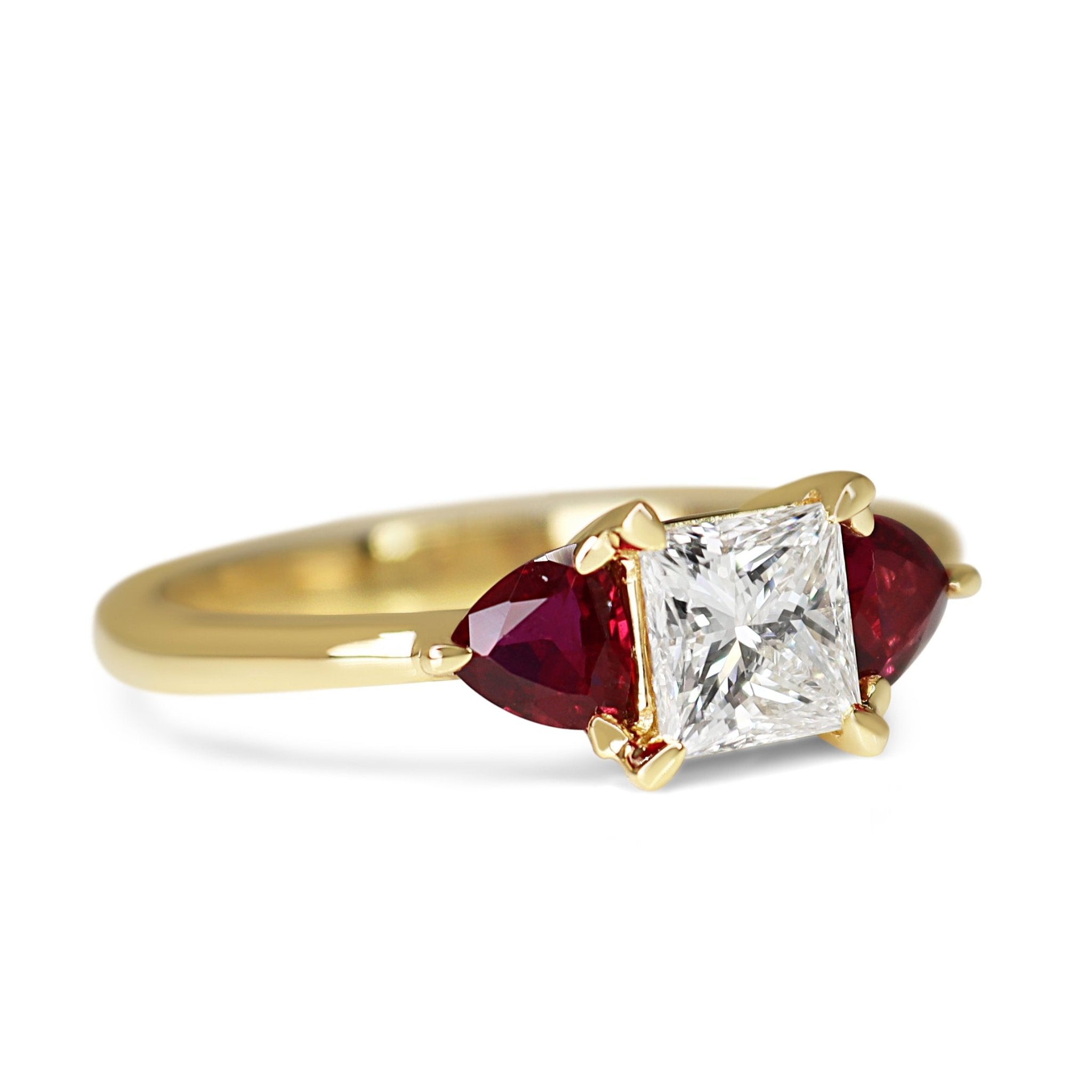 18ct Yellow Gold Princess Cut Diamond and Trillion Cut Ruby 3 Stone Ring - Burlington Jewellery