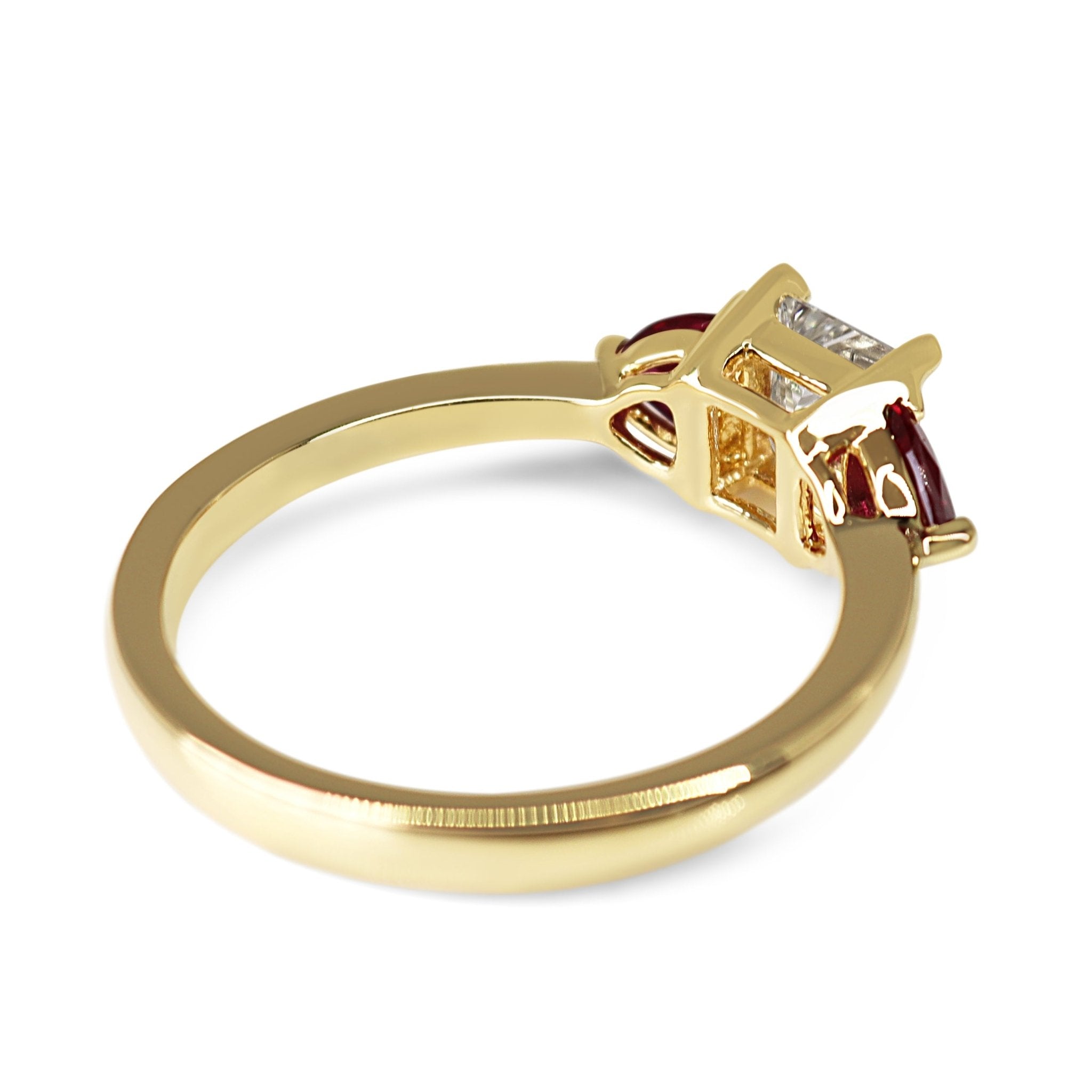 18ct Yellow Gold Princess Cut Diamond and Trillion Cut Ruby 3 Stone Ring - Burlington Jewellery