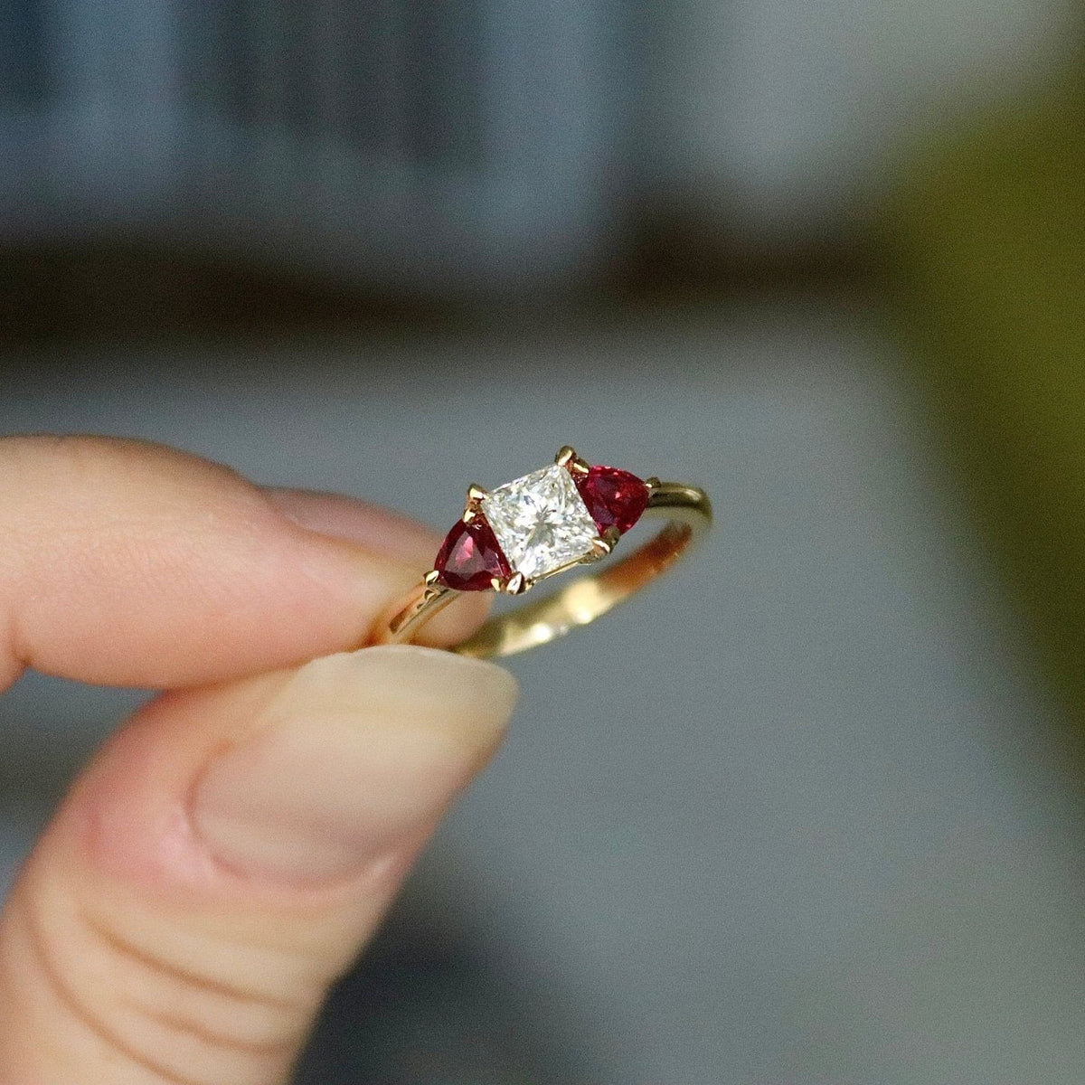 18ct Yellow Gold Princess Cut Diamond and Trillion Cut Ruby 3 Stone Ring - Burlington Jewellery