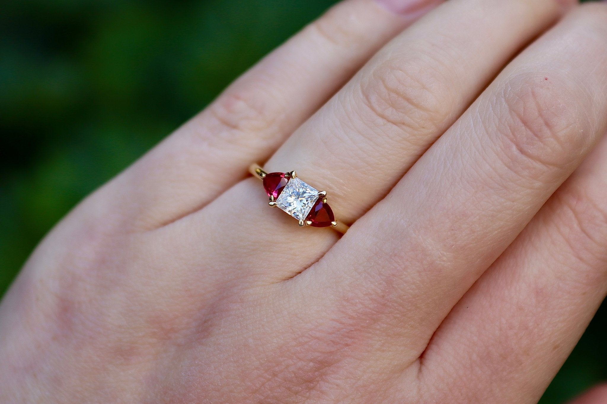 18ct Yellow Gold Princess Cut Diamond and Trillion Cut Ruby 3 Stone Ring - Burlington Jewellery