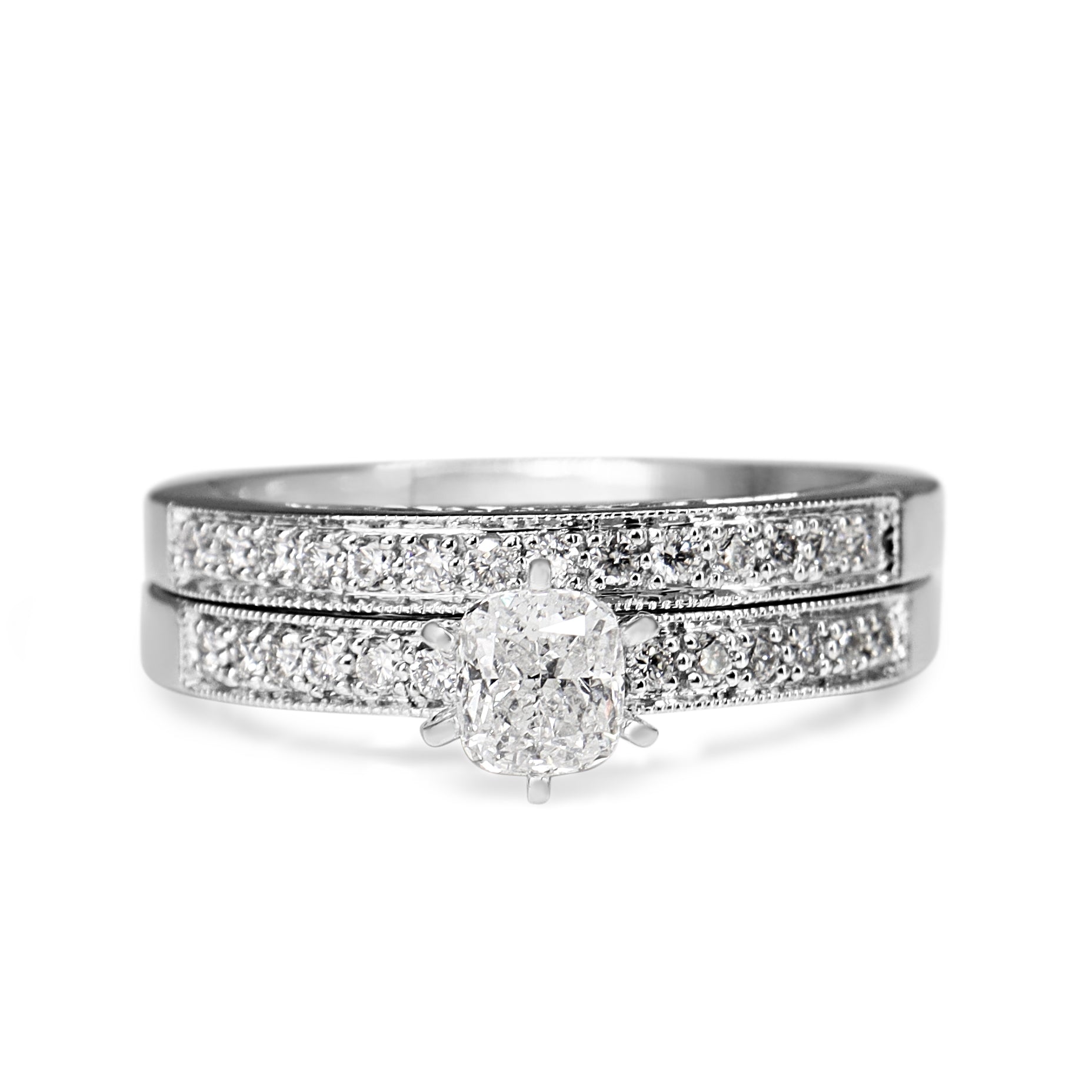Front view of an 18ct white gold diamond wedding ring with G colour diamonds