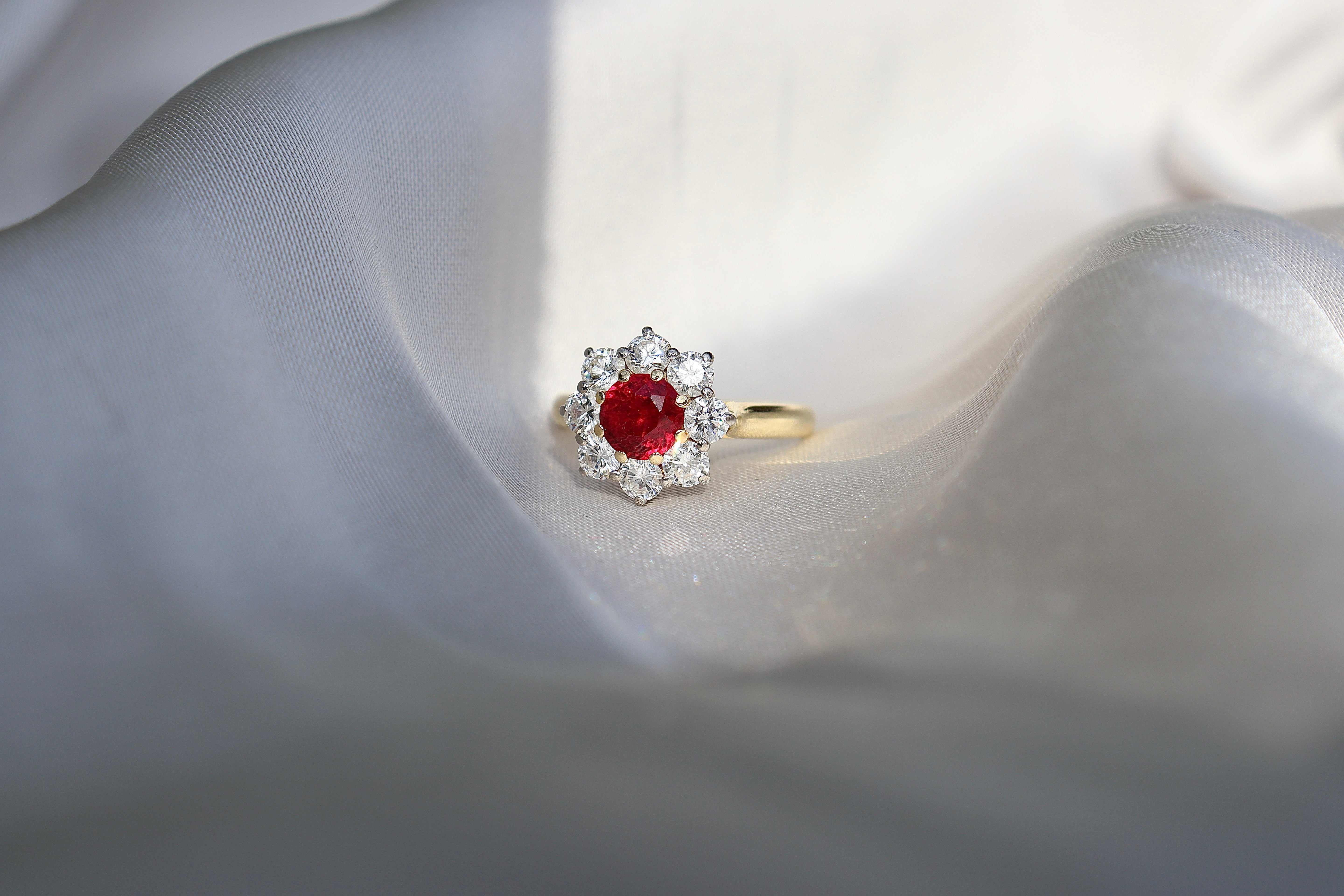 18ct Yellow Gold Ruby and Diamond Halo Cluster Ring