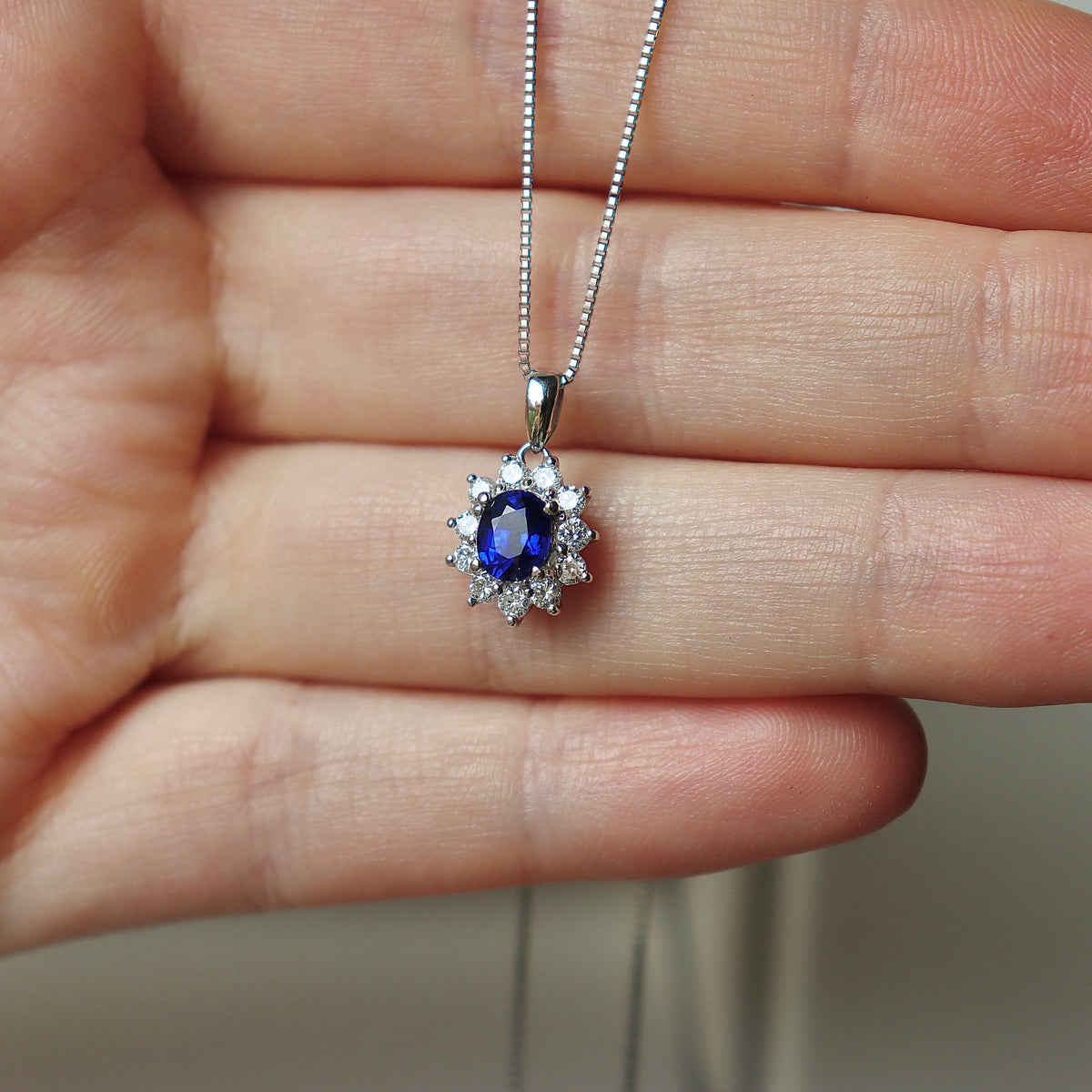 Platinum Sapphire and Diamond Halo Cluster Necklace