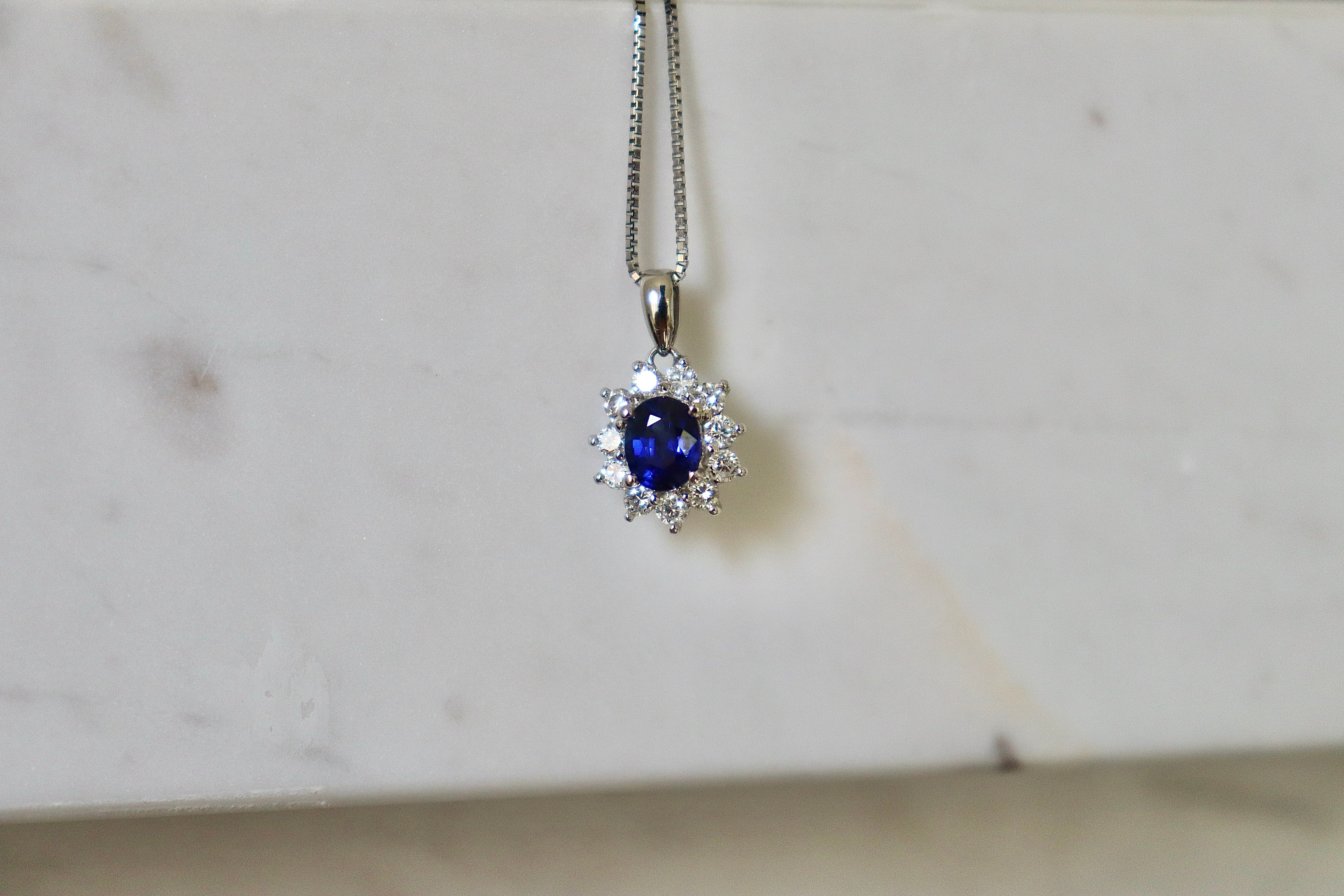 Platinum Sapphire and Diamond Halo Cluster Necklace