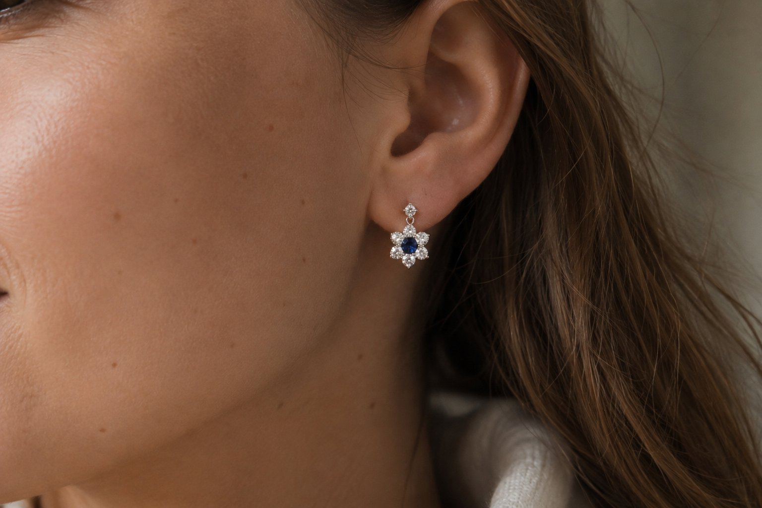 18ct White Gold Sapphire and Diamond Daisy Style Drop Earrings