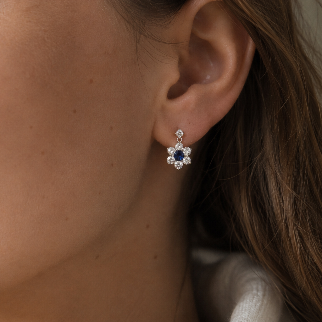 18ct White Gold Sapphire and Diamond Daisy Style Drop Earrings