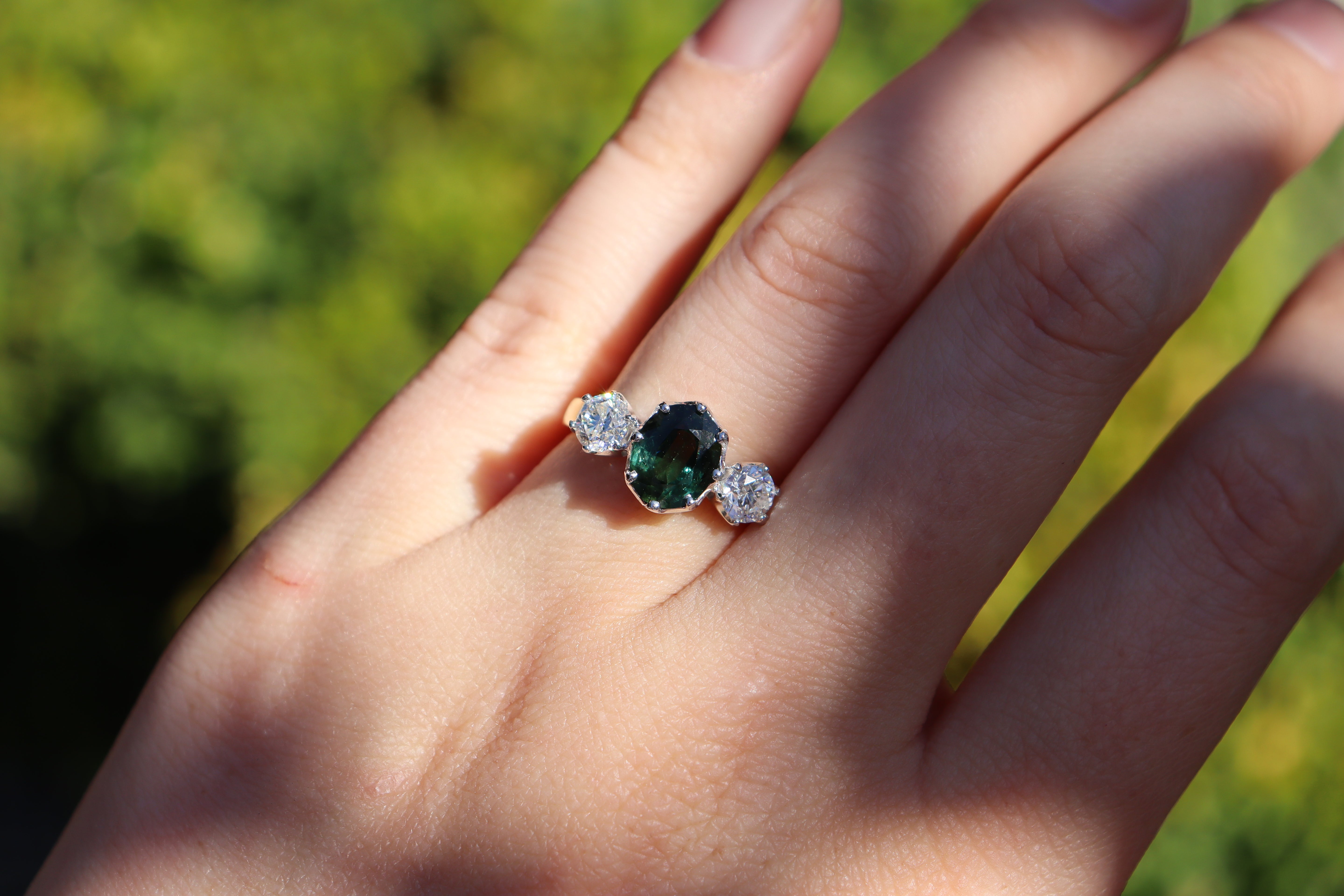 18ct Yellow and White Gold Green Sapphire and Diamond Vintage Style 3 Stone Ring