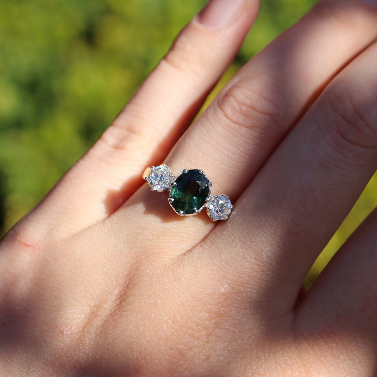 18ct Yellow and White Gold Green Sapphire and Diamond Vintage Style 3 Stone Ring