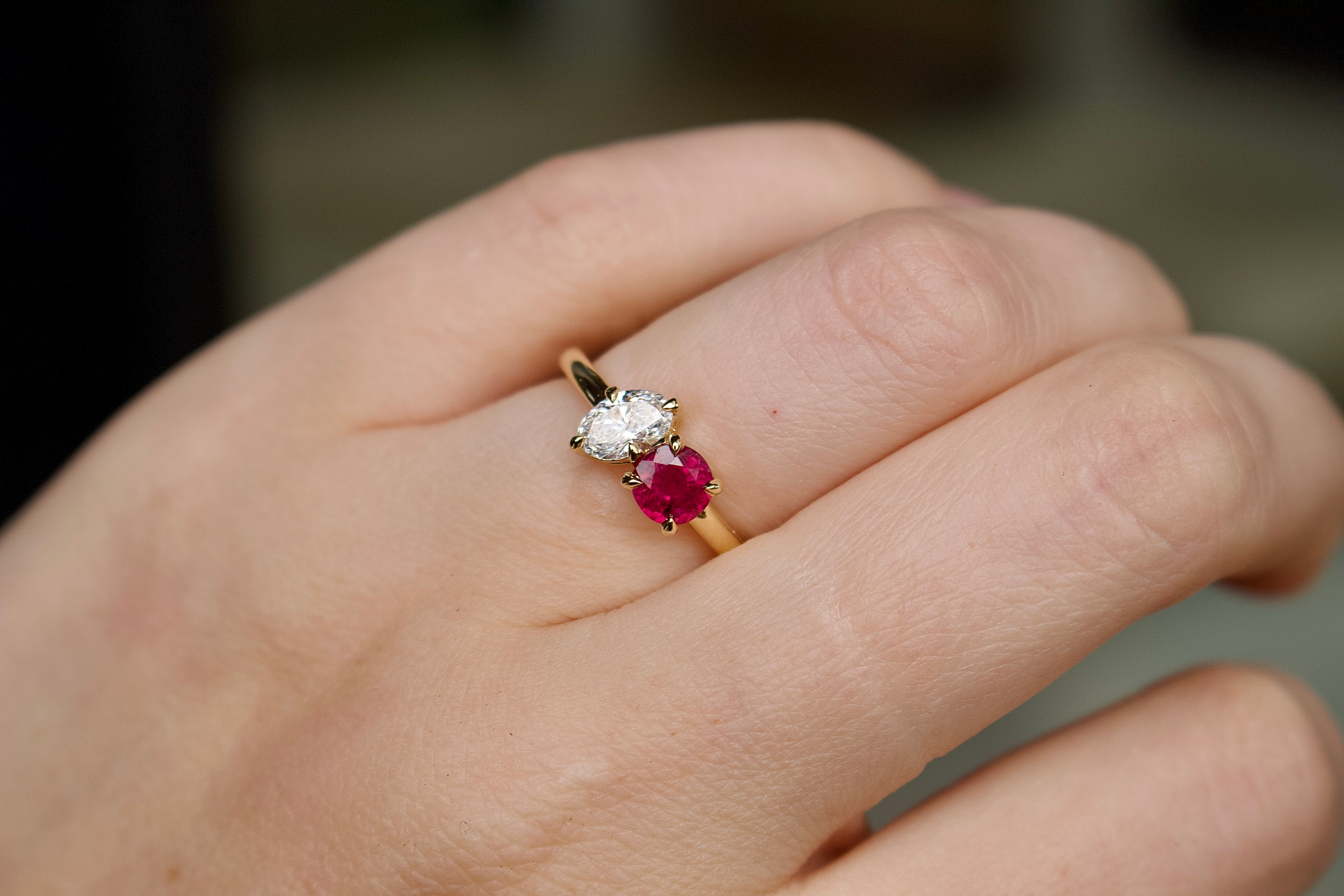 18ct Yellow Gold Ruby and Oval Diamond Moi et Toi Ring