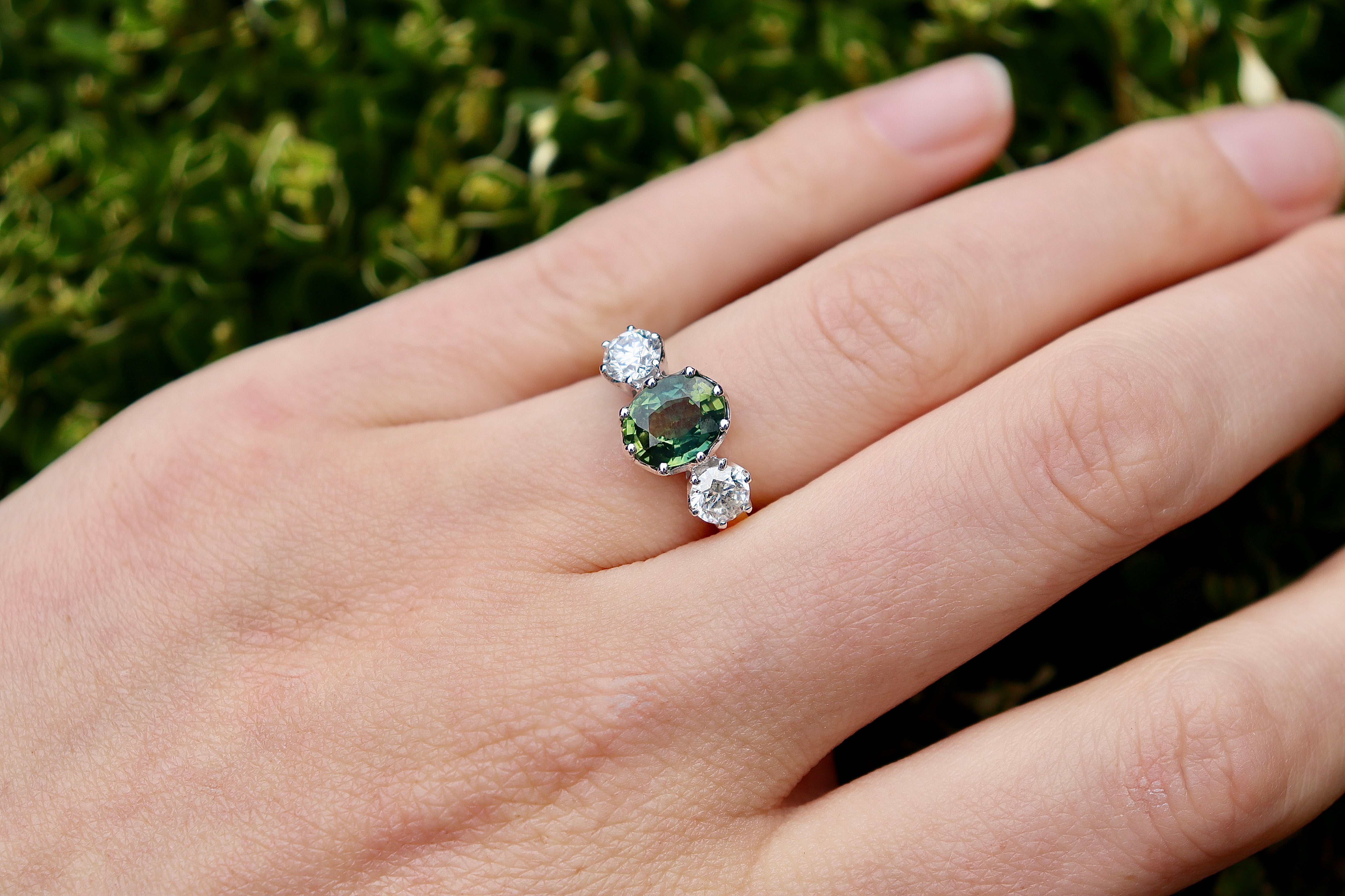 18ct Yellow and White Gold 3 Stone Green Sapphire and Diamond Ring