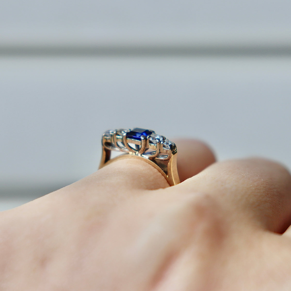 9ct Yellow and White Gold Square Sapphire and Diamond 5 Stone Ring