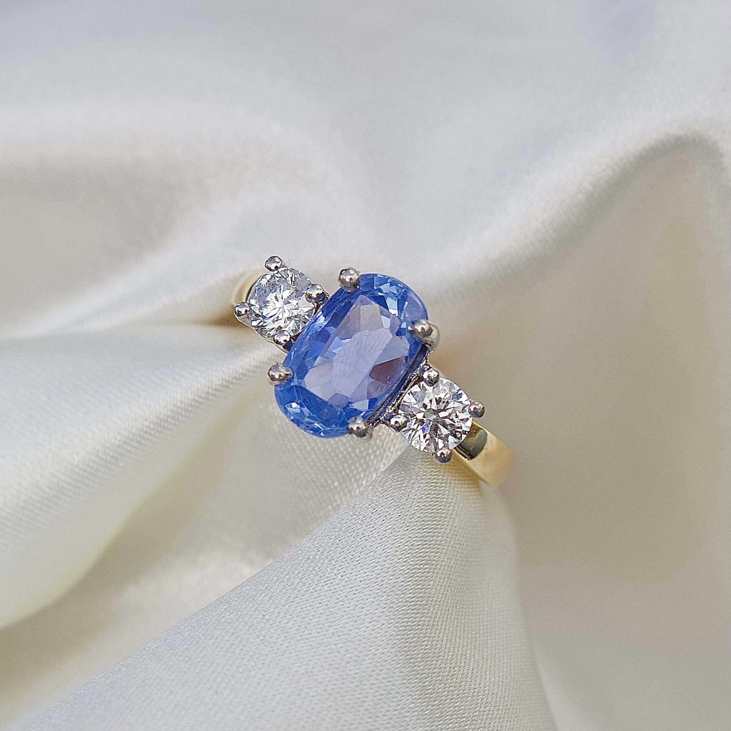 18ct Yellow and White Gold Oval Sapphire and Diamond 3 Stone Ring
