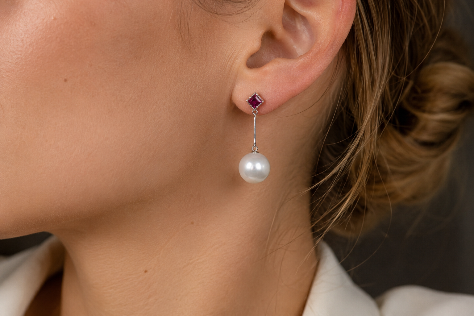 14ct White Gold 11mm South Sea Pearl and Rhodolite Garnet Earrings