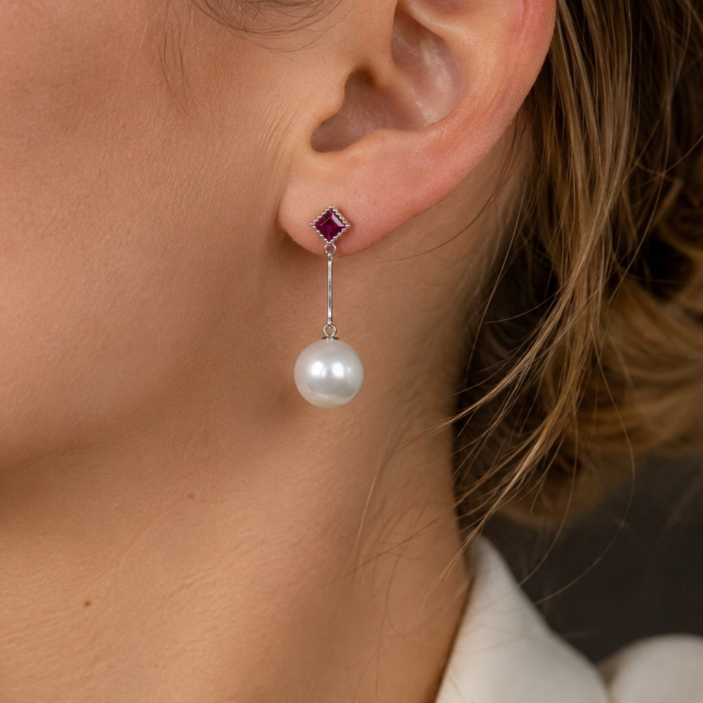 14ct White Gold 11mm South Sea Pearl and Rhodolite Garnet Earrings