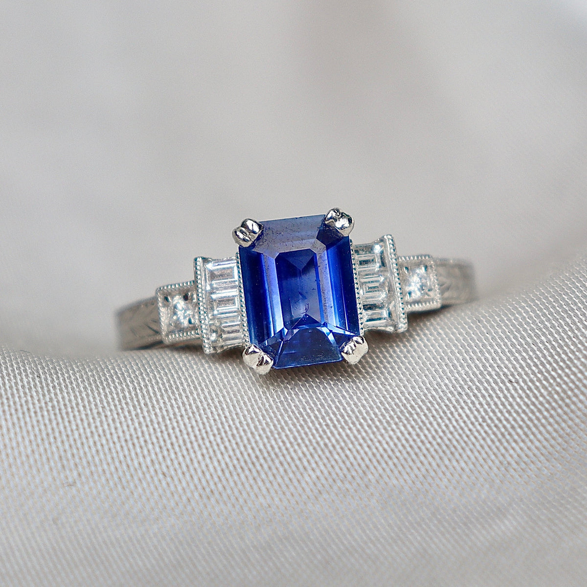 Platinum Sapphire and Diamond Art Deco Style Engraved Band Ring