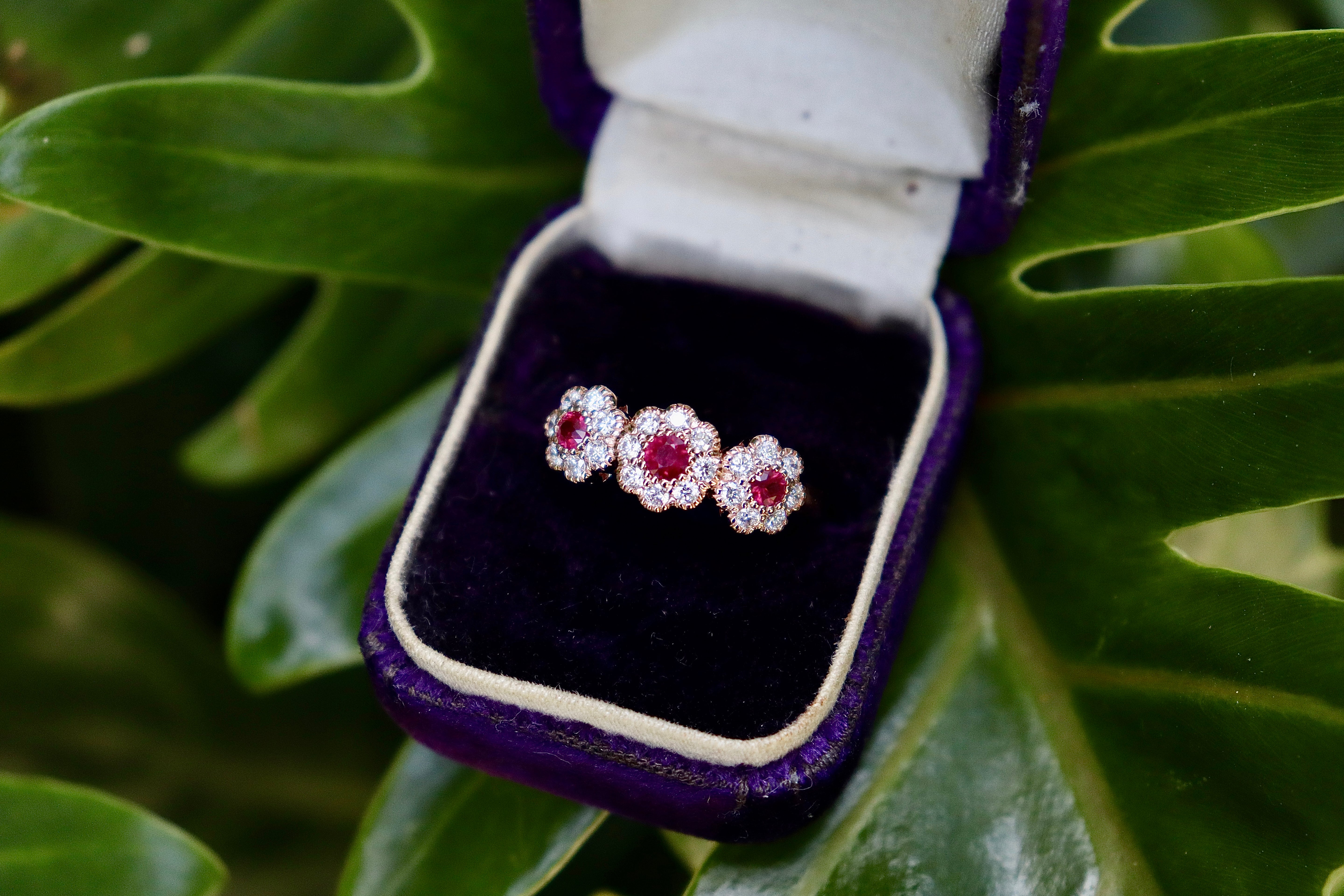 18ct Rose Gold Ruby and Diamond Triple Daisy Ring
