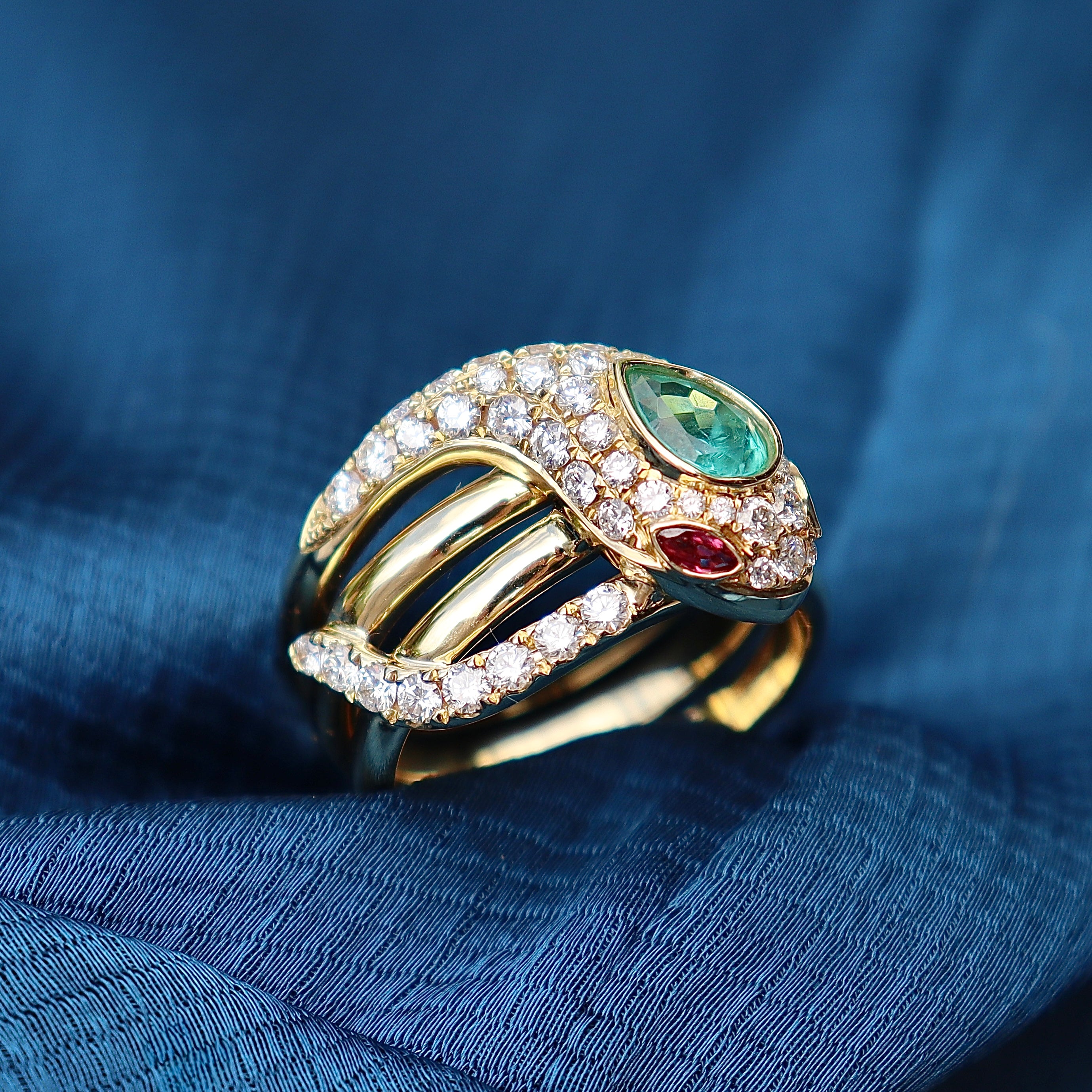 18ct Yellow Gold Emerald, Ruby and Diamond Snake / Serpent Ring