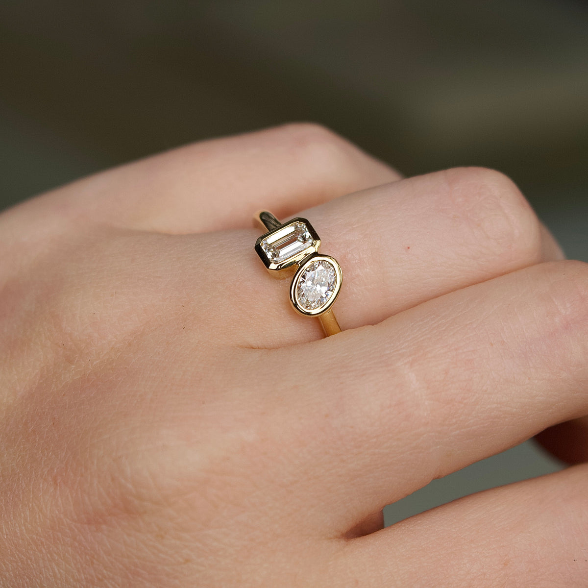18ct Yellow Gold Emerald and Oval Cut Bezel Set Diamond Moi Et Toi Ring