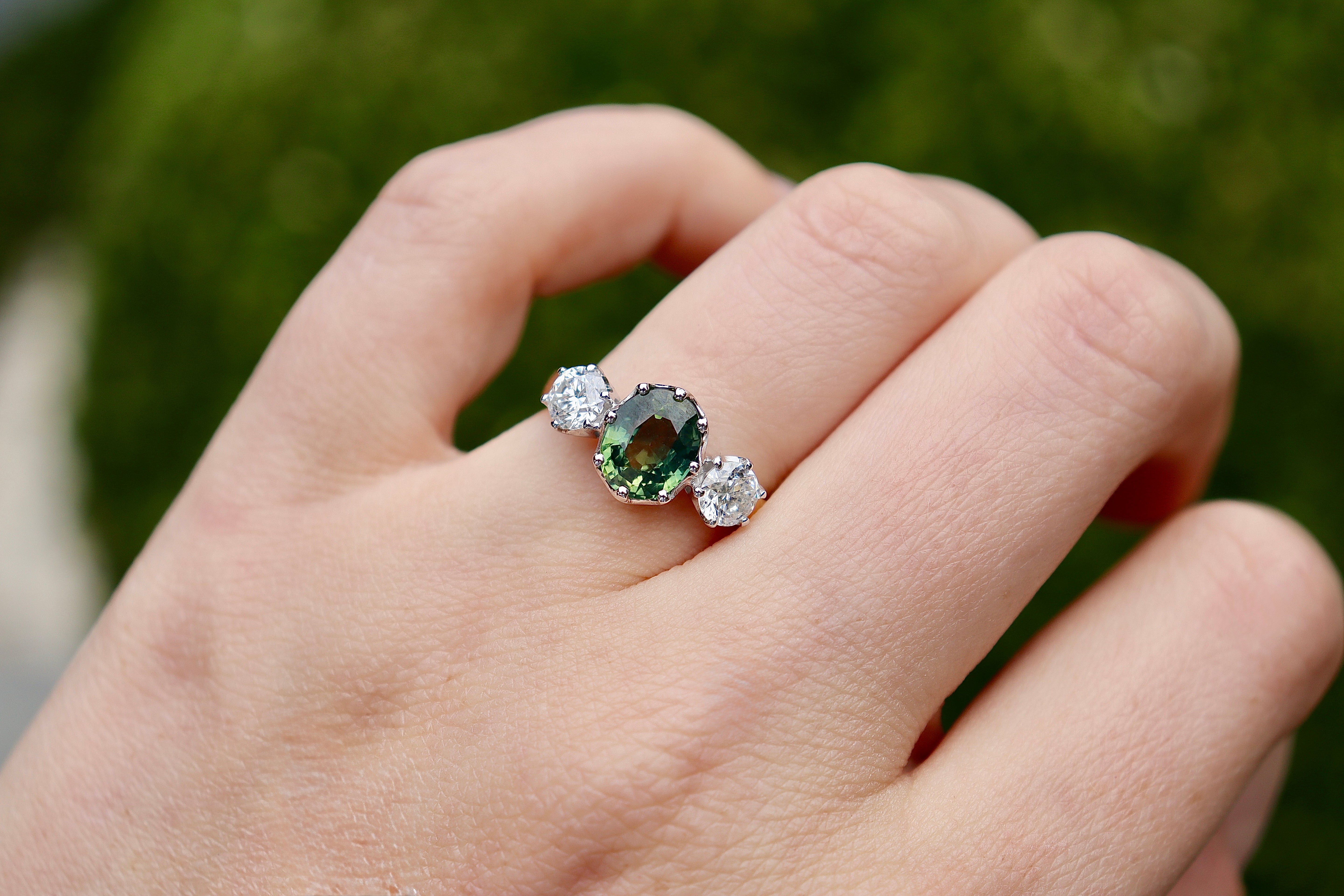 18ct Yellow and White Gold 3 Stone Green Sapphire and Diamond Ring