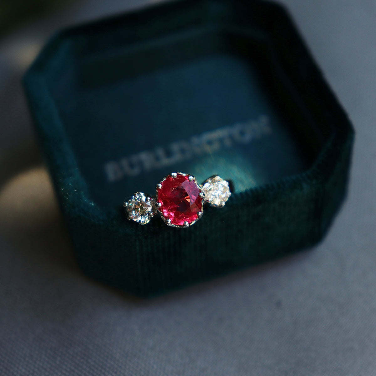 18ct Yellow and White Gold Vintage Style Ruby and Diamond 3 Stone Ring